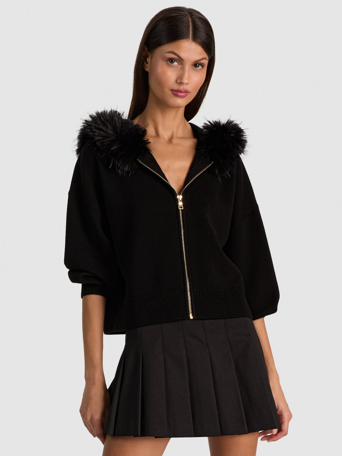 NADYA FAUX FUR TRIM CARDIGAN - BLACK