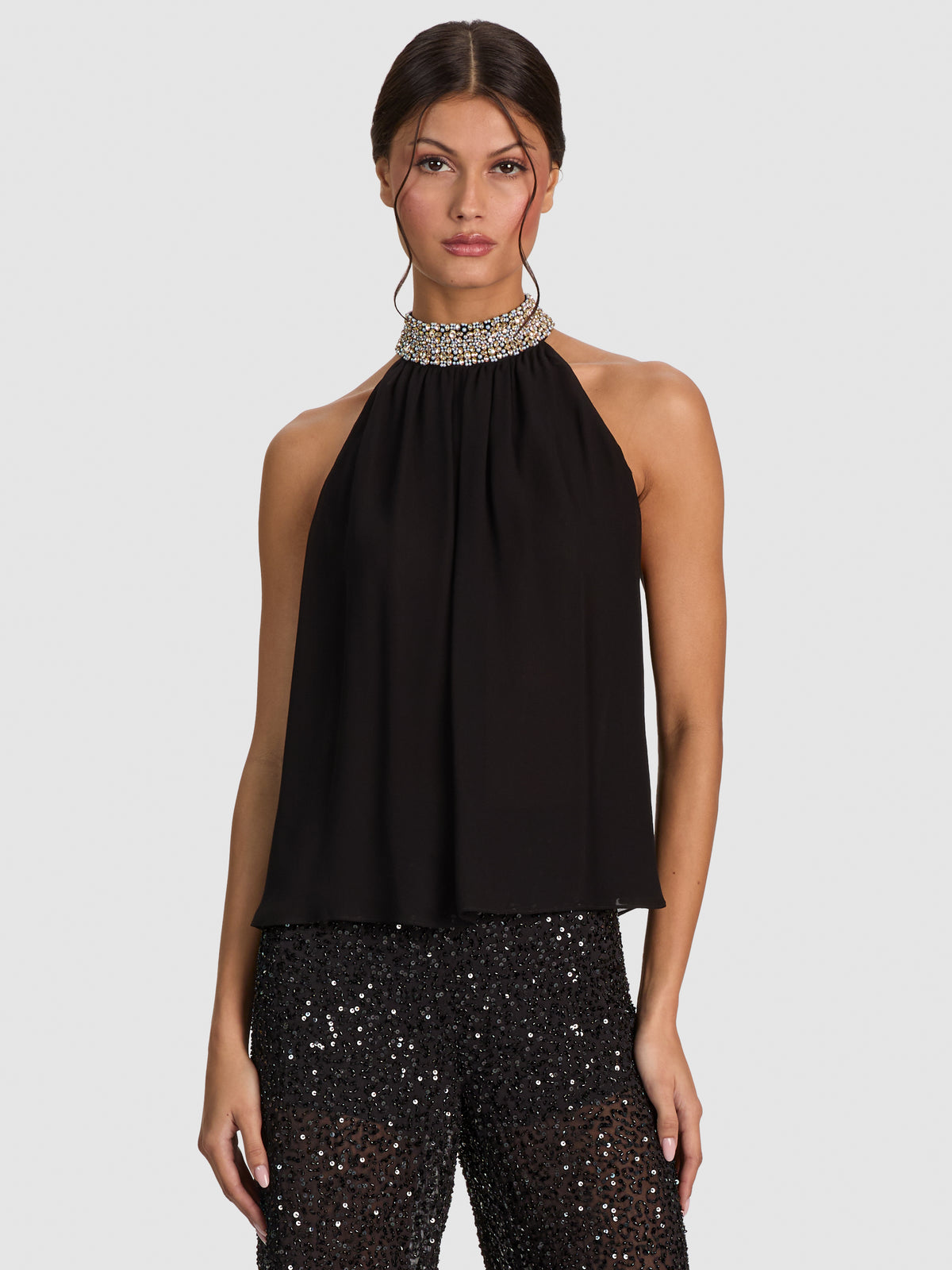 MARIS EMBELL COLLAR HALTER NECK GATHERED TOP - BLACK