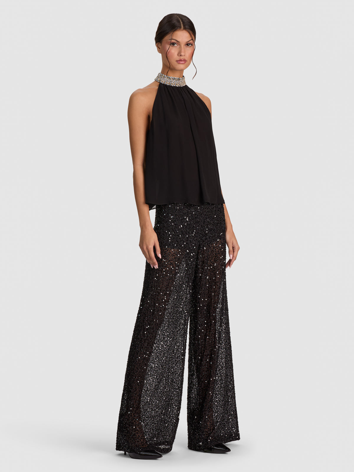 MARIS EMBELL COLLAR HALTER NECK GATHERED TOP - BLACK