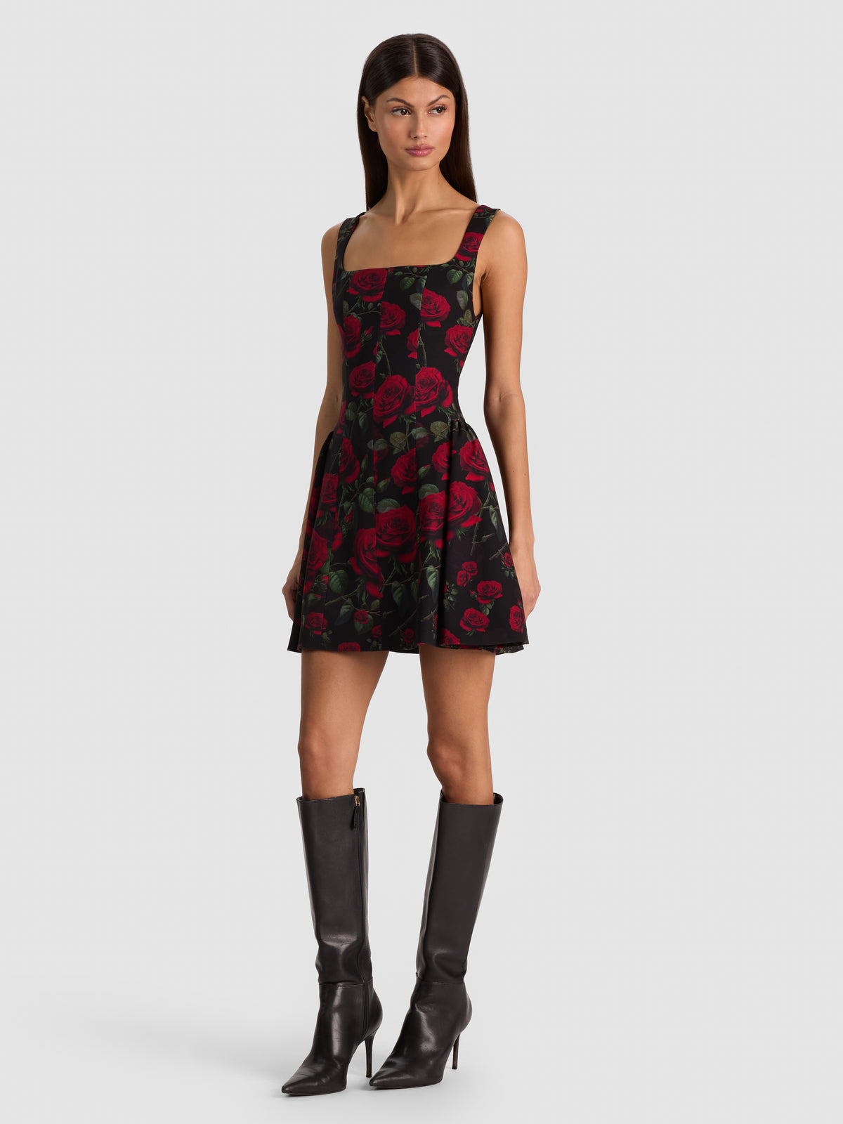 VERA DROP WAIST FLARE MINI DRESS - ROUGE ROMANCE BLACK