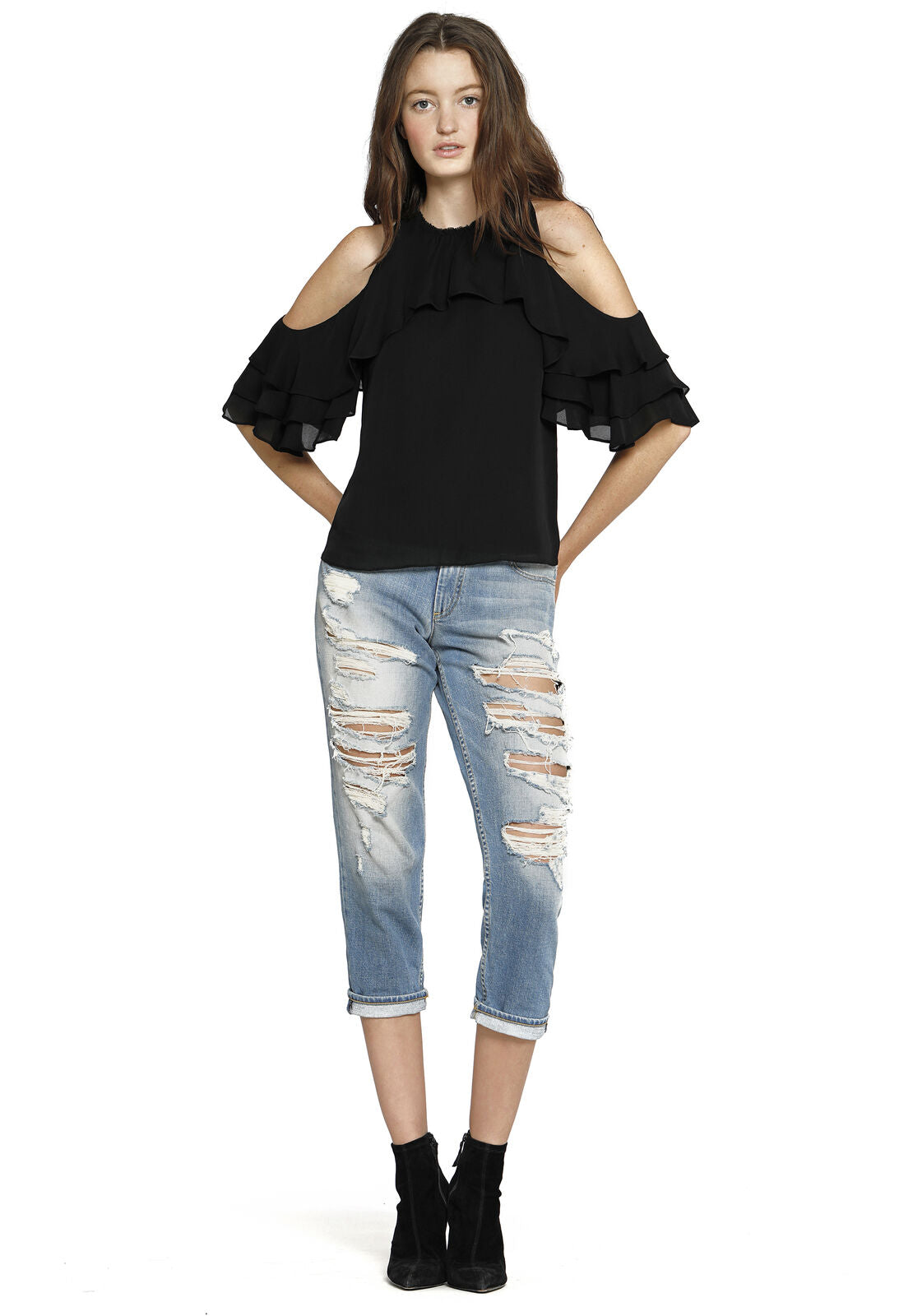 IDALLA COLD SHLDR RUFFLE BLSE-ALICE + OLIVIA