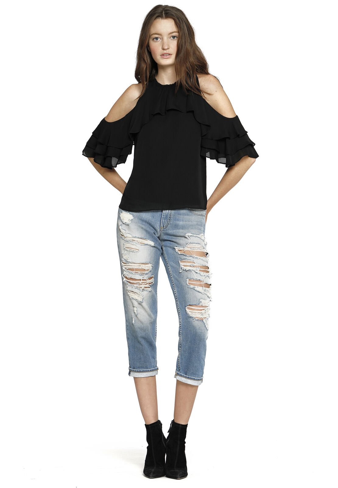 IDALLA COLD SHLDR RUFFLE BLSE-ALICE + OLIVIA