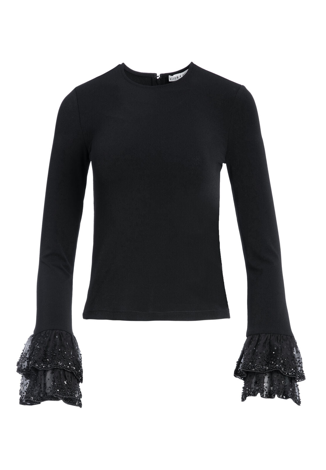 HAYLEN EMBL TIRED RFFL SLV TOP-Black-ALICE + OLIVIA