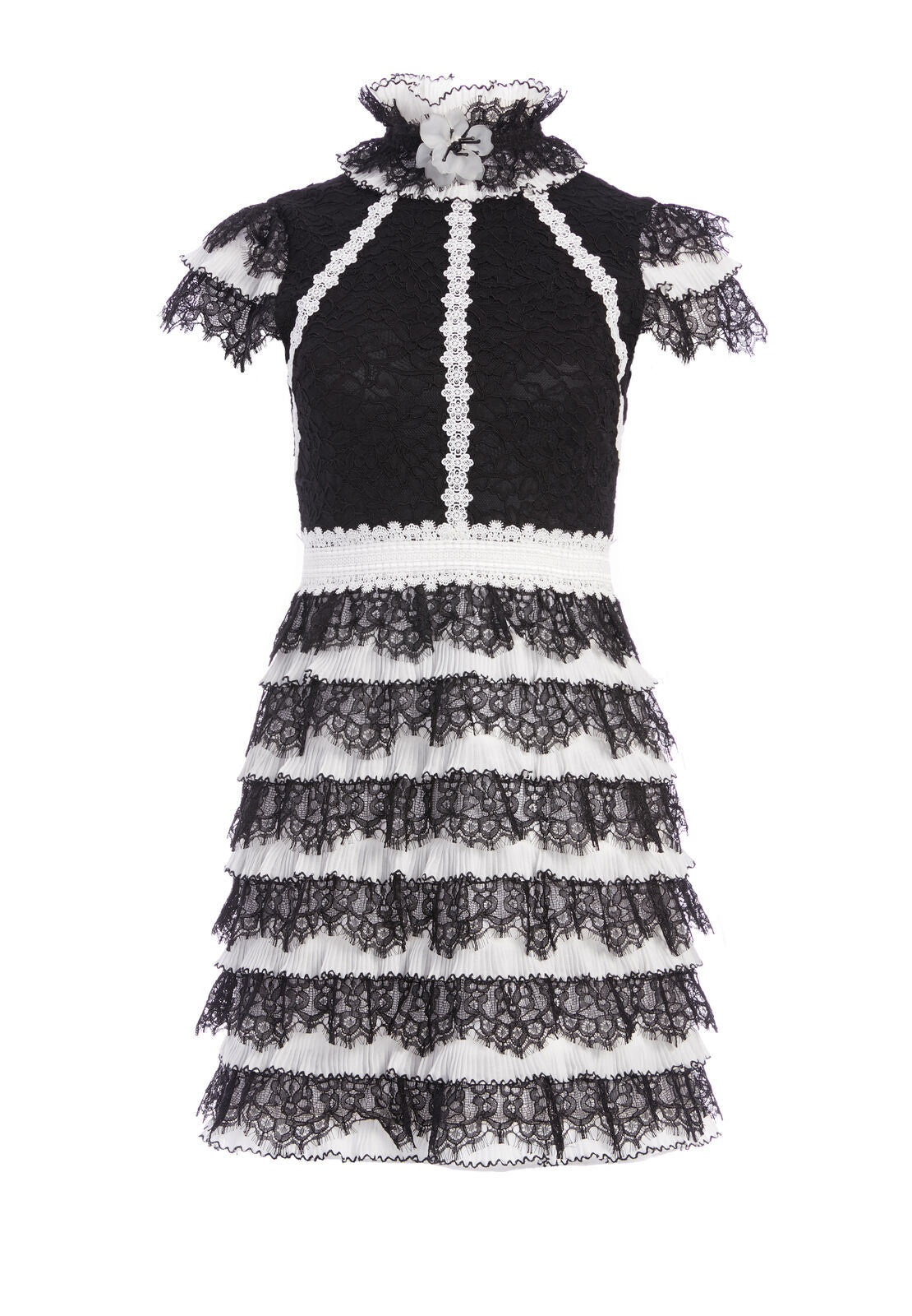 CYRA RUFFLE TRIM MINI DRESS-BLACK/OFF WHITE-ALICE + OLIVIA