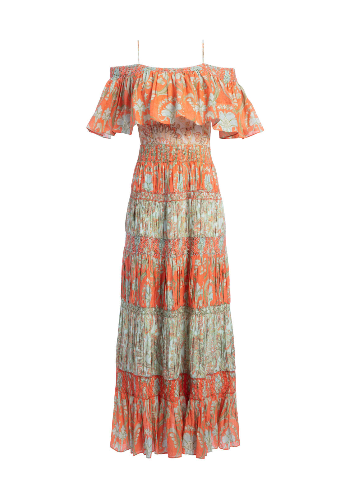 KIA SMOCKED CLD SHLDR MIDI DRS-GARDEN LATTICE CORAL/MULTI-ALICE + OLIVIA