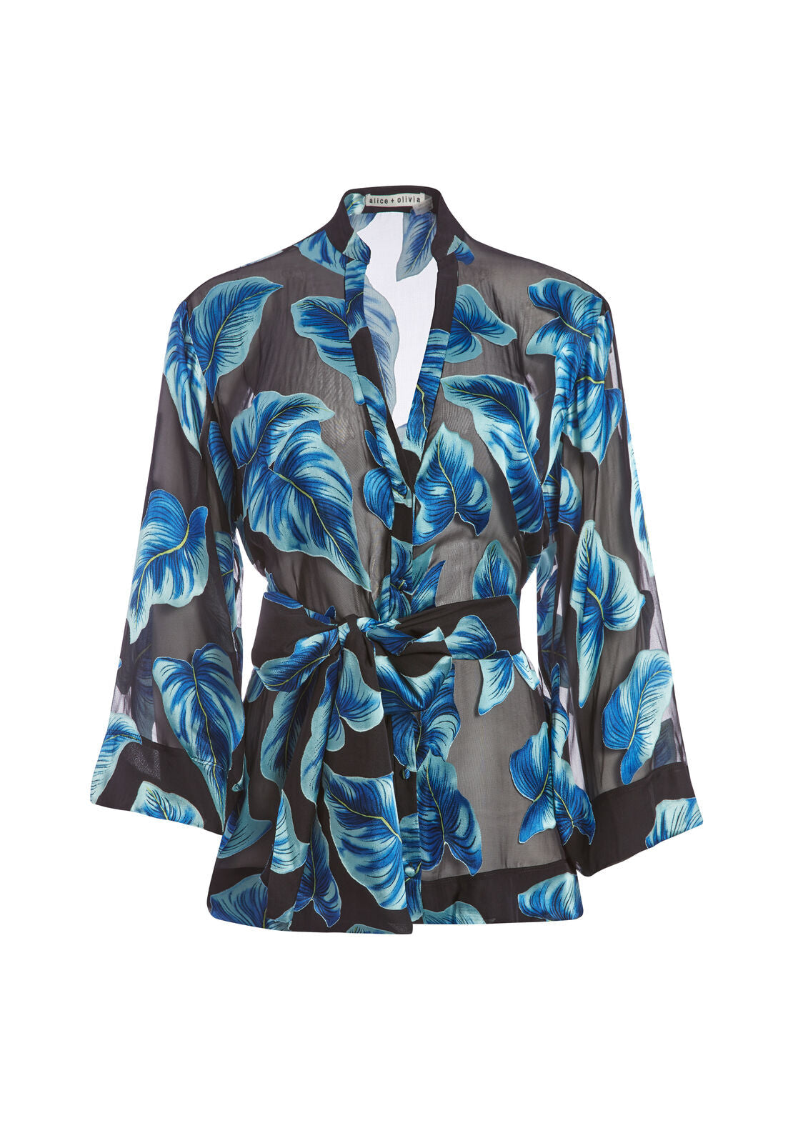 ROSARIO TIE WAIST KIMONO TOP-PARADISE LEAVES BLK/BLUE-ALICE + OLIVIA