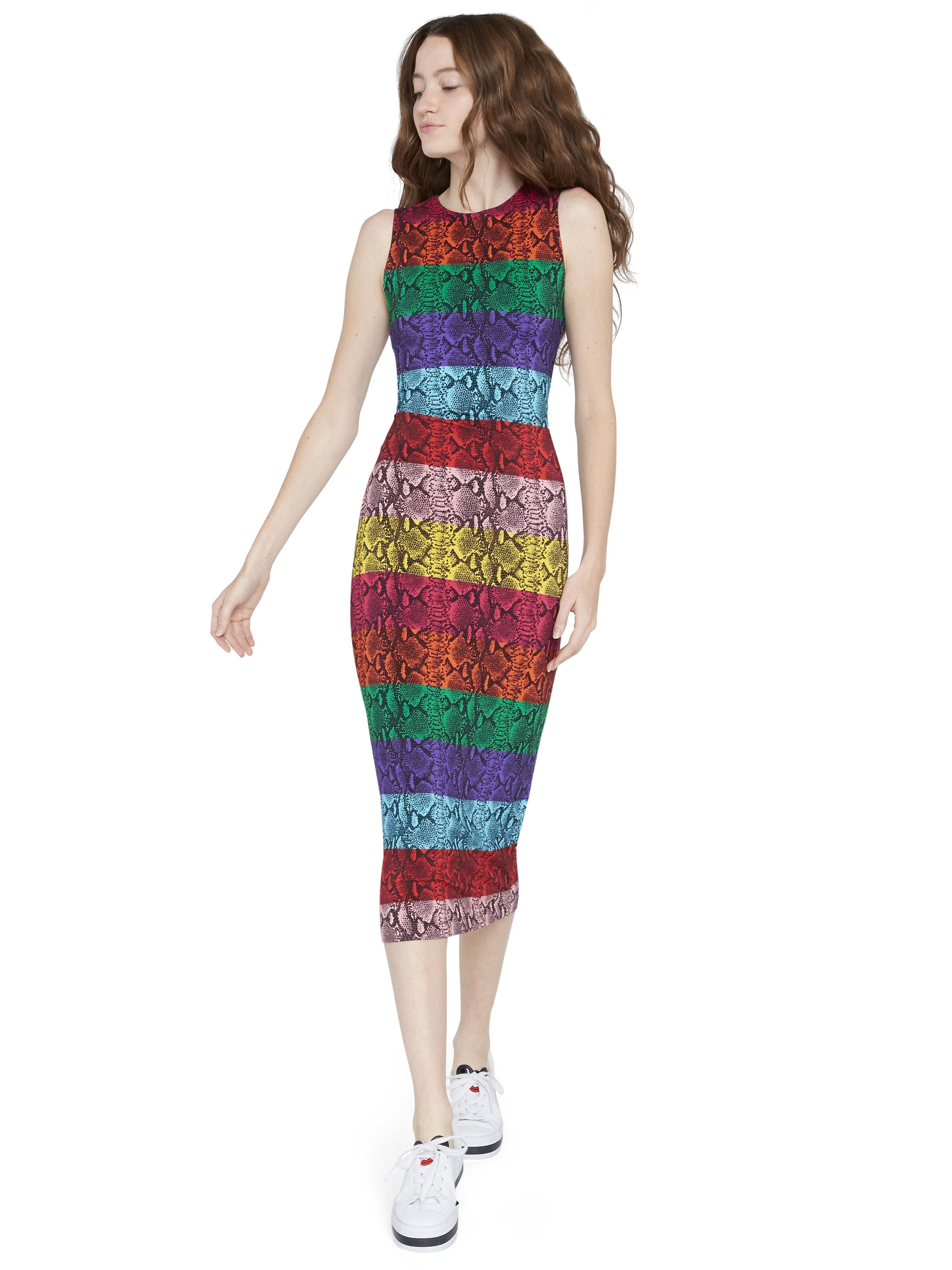DELORA SNAKE SKIN MIDI DRESS-RAINBOW SNAKE STRIPE-ALICE + OLIVIA