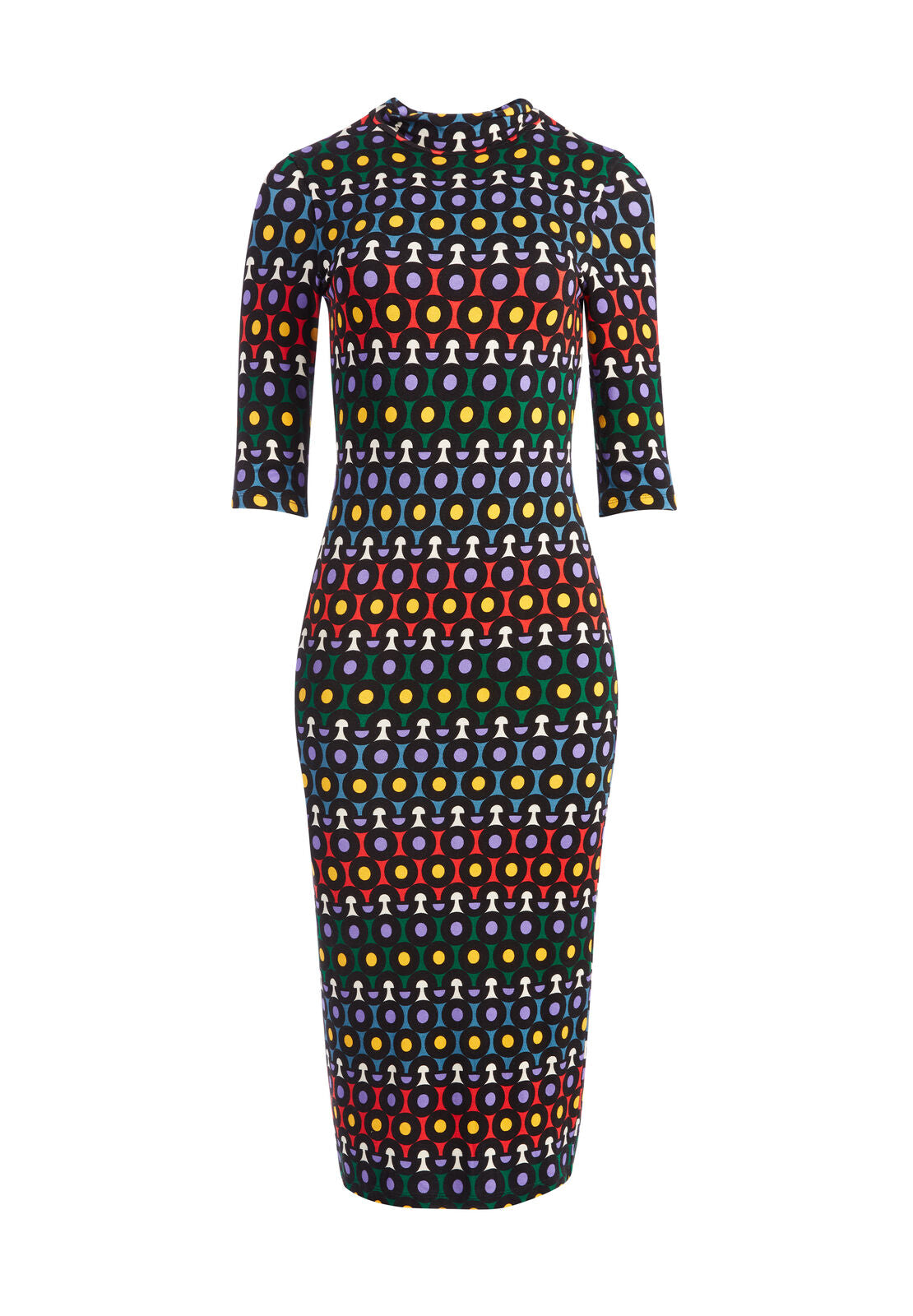 DELORA FITTED TRTLE NECK DRESS-LARGE RAINBOW DOT-ALICE + OLIVIA