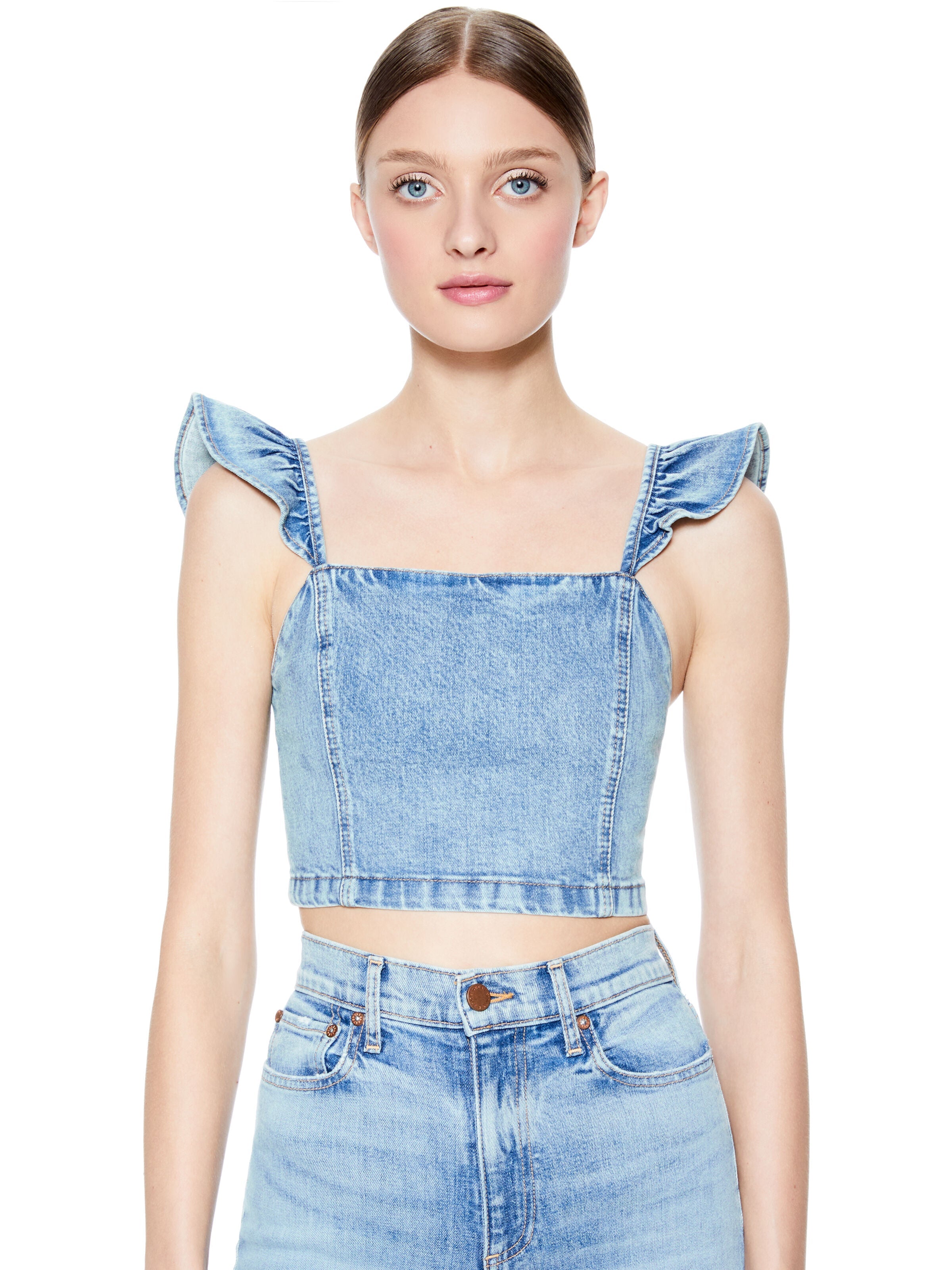 KILEY FLUTTER SLEEVE CROP TOP-NOT YOURS-ALICE + OLIVIA