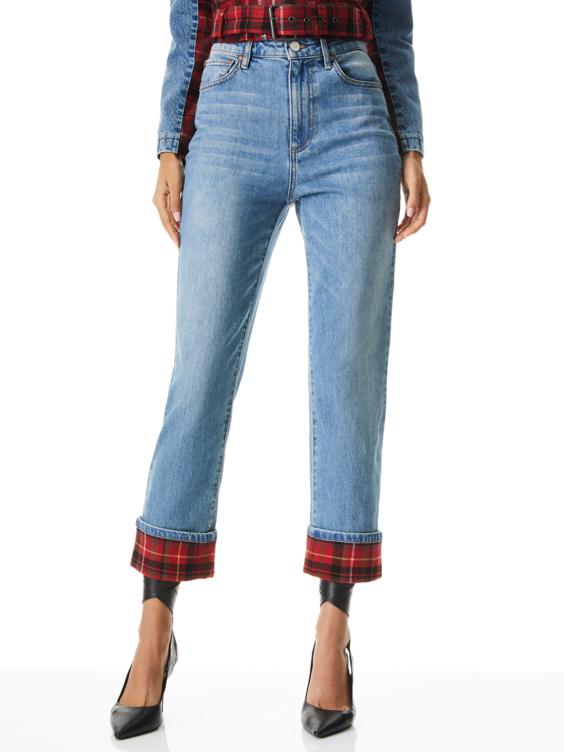 AMAZING HIGH RISE PLAID CUFF JEAN