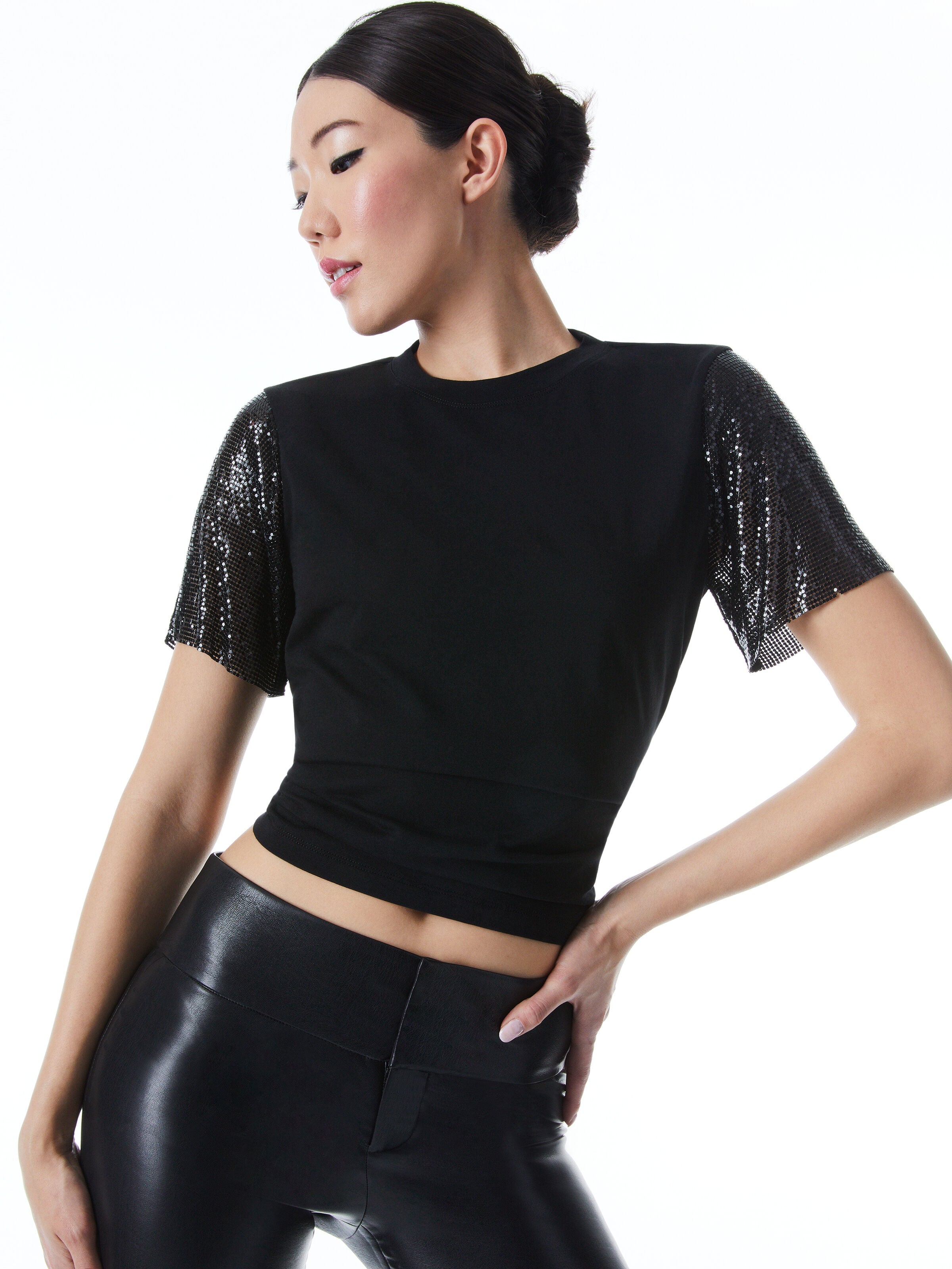 TARI CHAINMAIL SLEEVE TEE-Black-ALICE + OLIVIA