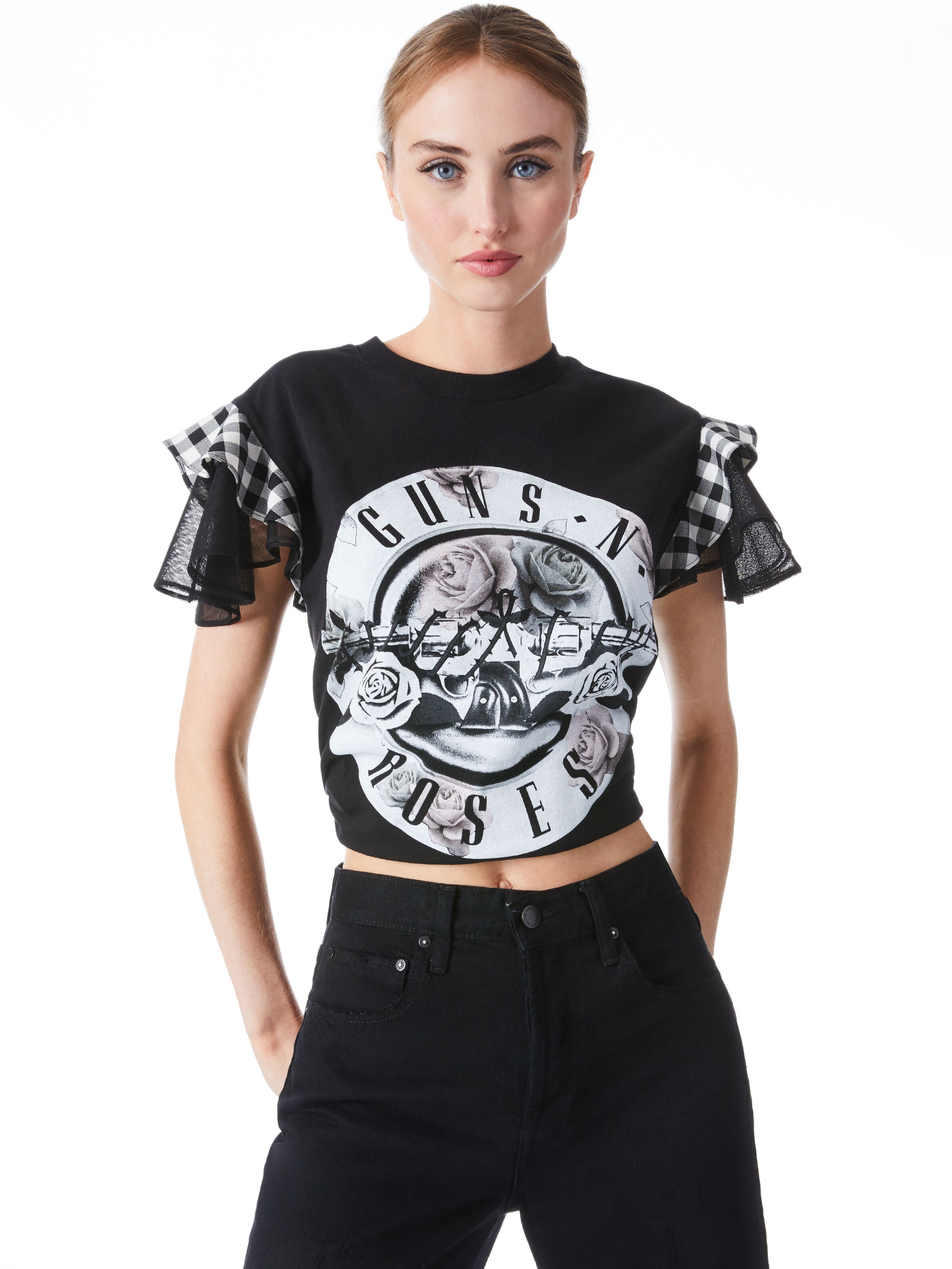 GENAE TIERED RUFFLE SLEEVE TEE-BLACK/MULTI-ALICE + OLIVIA