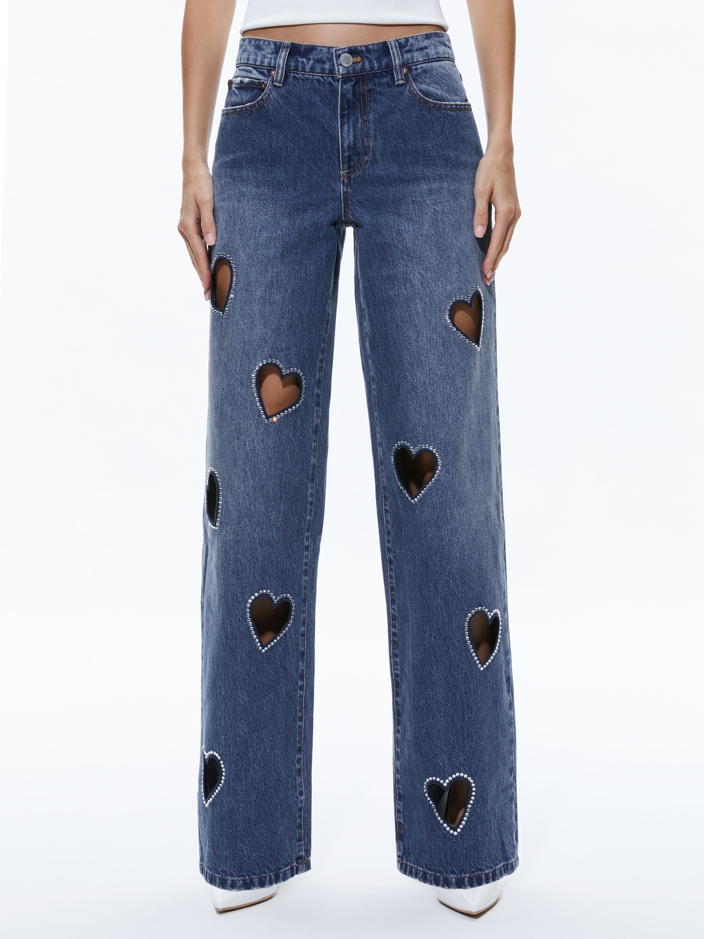 KARRIE EMBELLISHED HEART JEAN-TRUE BLUES DARK-ALICE + OLIVIA