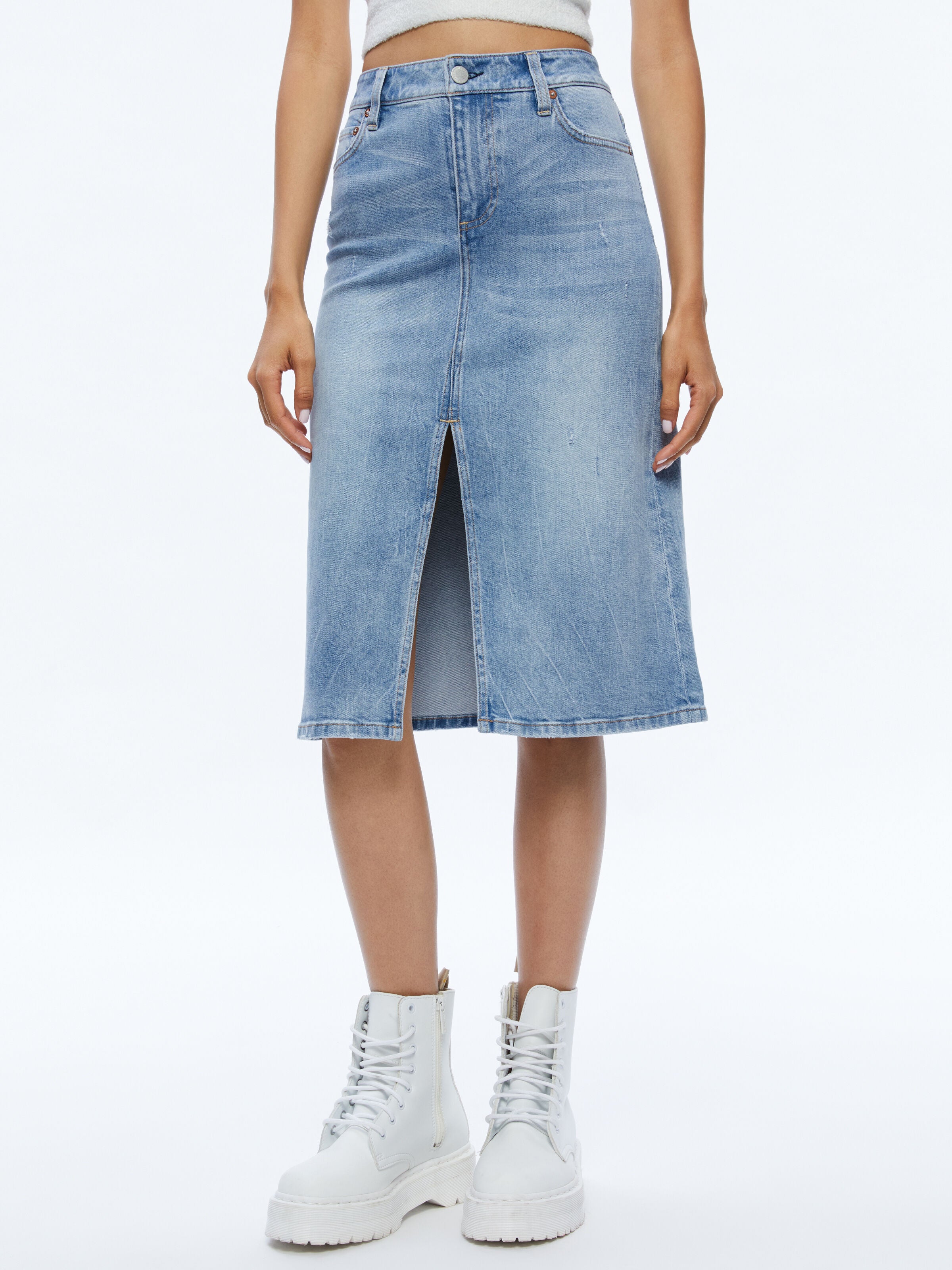 RYE MIDI DENIM SKIRT-LIGHTNING BLUE-ALICE + OLIVIA