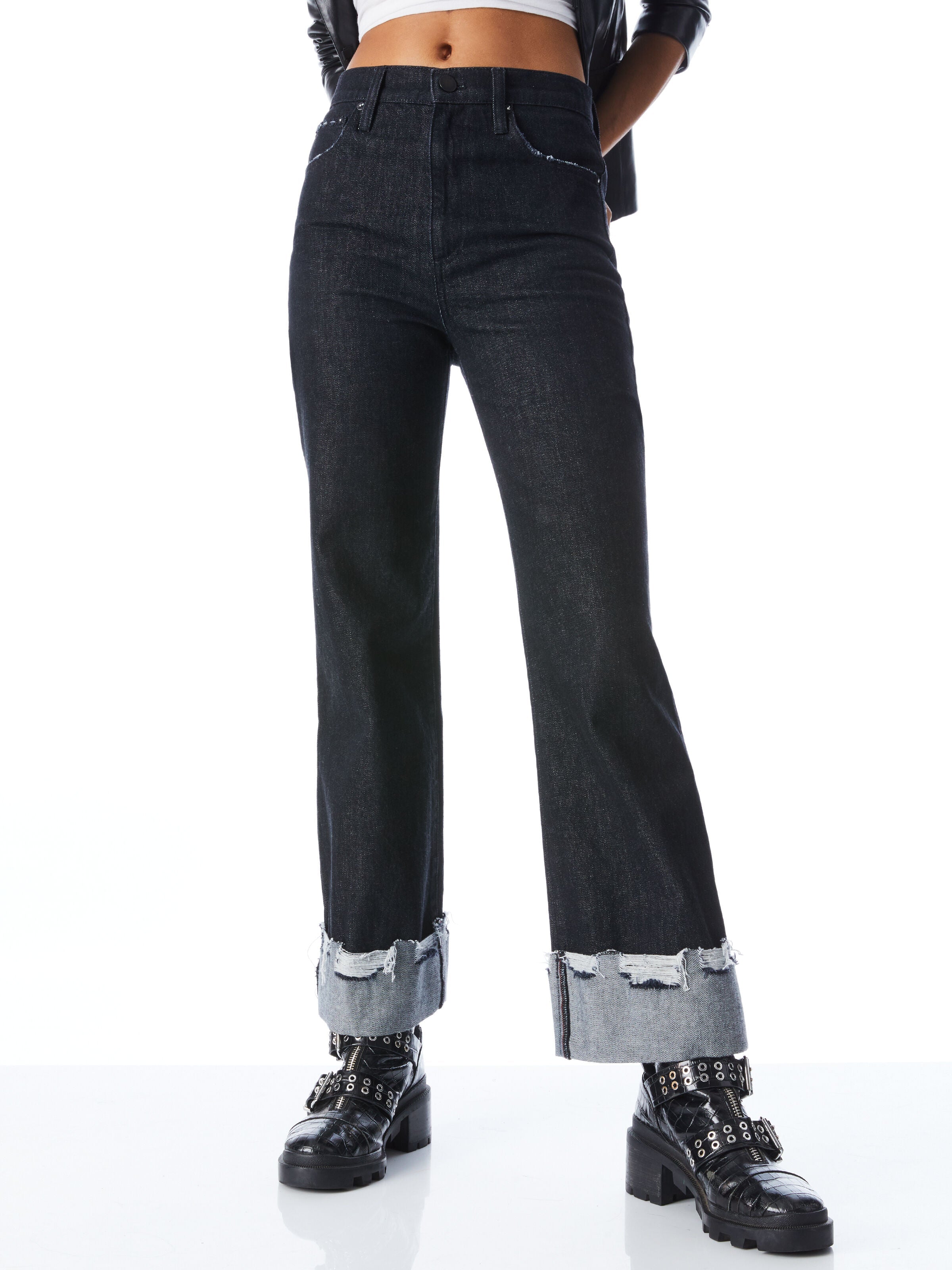 AMAZING HIGH RISE RAW HEM CUFFED JEANS-Black-ALICE + OLIVIA