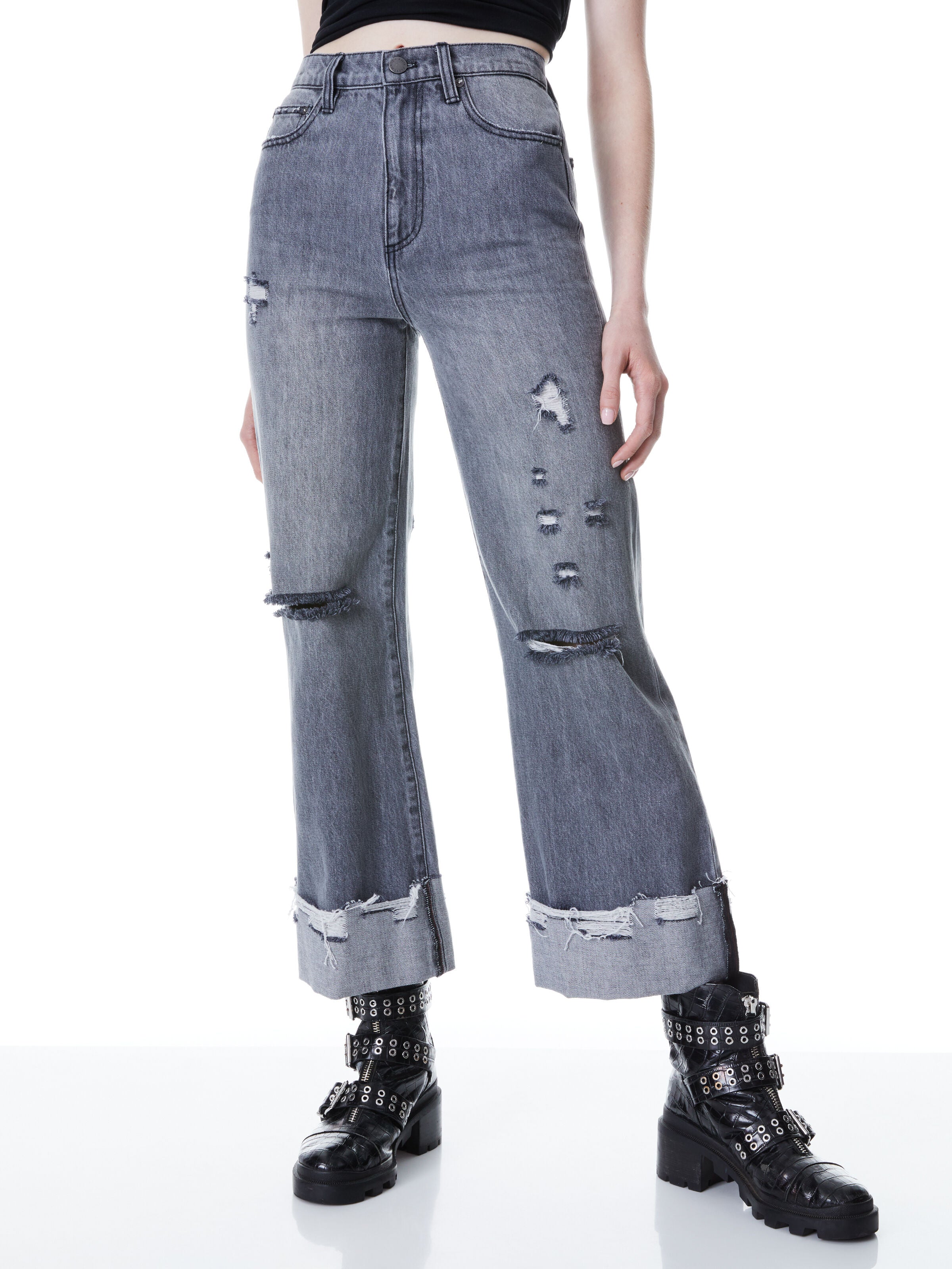 AMAZING HIGH RISE RAW HEM CUFFED JEANS-GREY-ALICE + OLIVIA