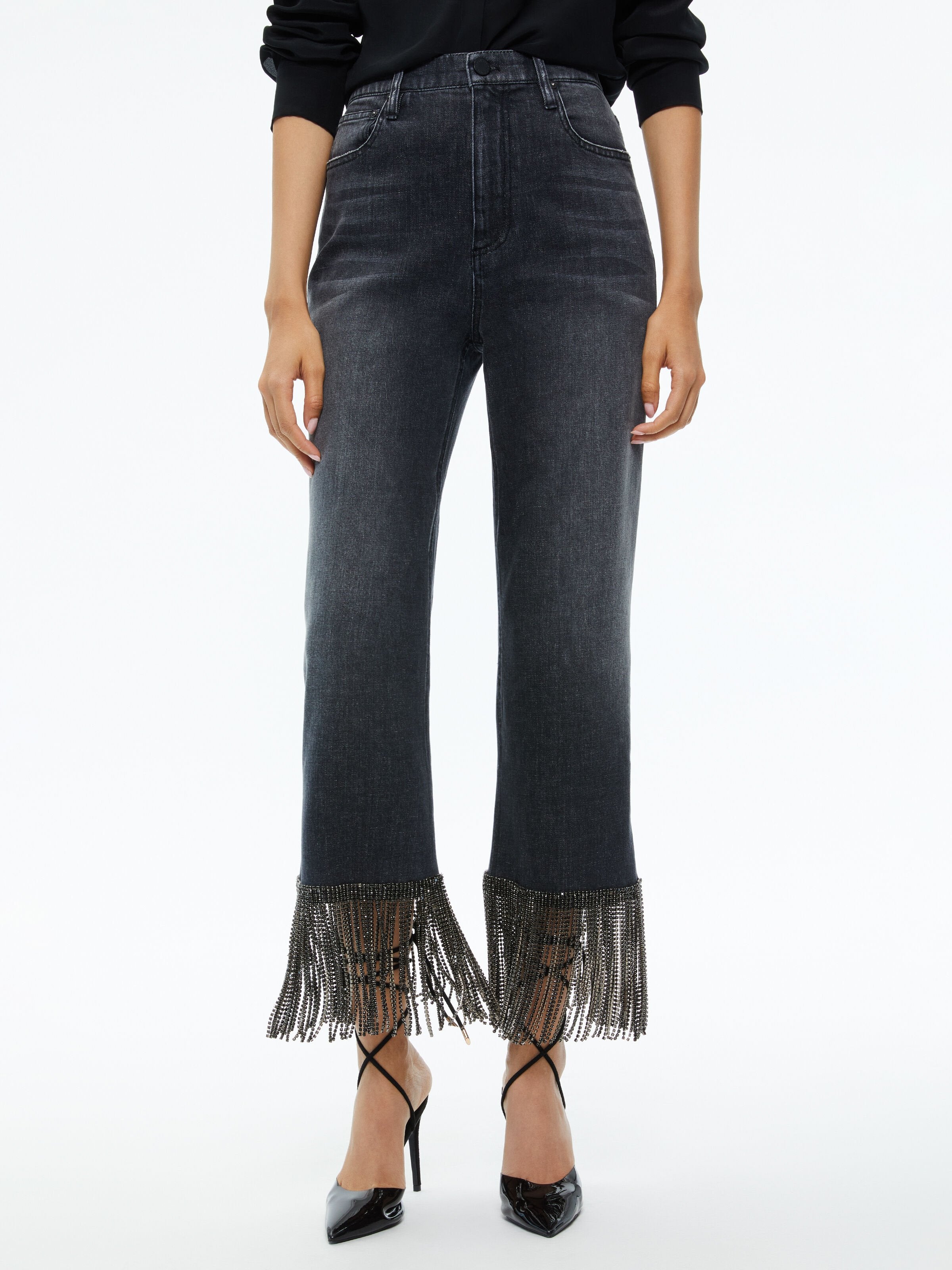 AMAZING CRYSTAL FRINGE HEM JEAN-ROCKSTAR BLUE-ALICE + OLIVIA