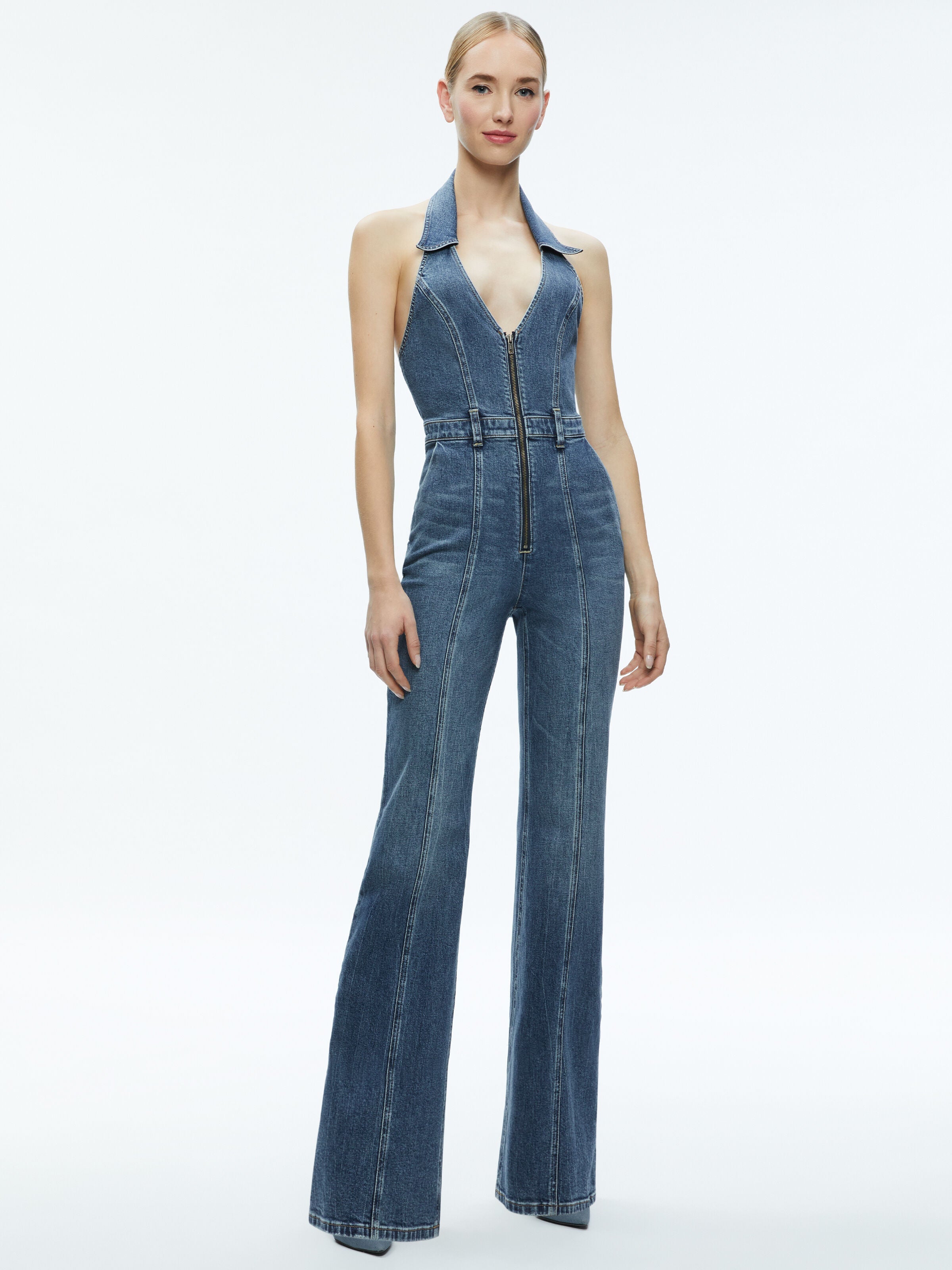 NOEMI HALTER NECK DENIM JUMPSUIT-TRUE BLUES DARK-ALICE + OLIVIA