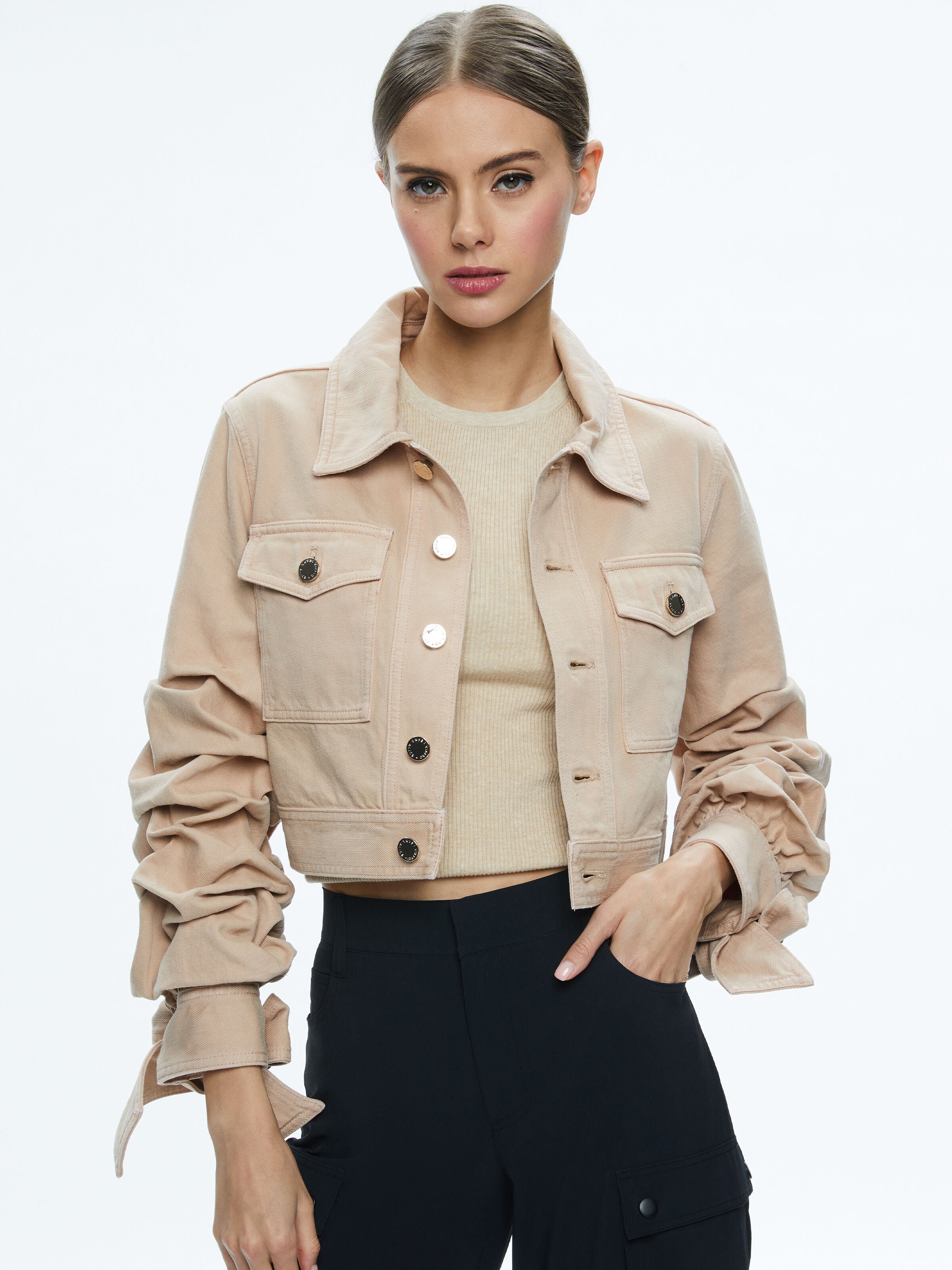 TIFF DENIM JACKET WITH BOW SLEEVE-ALICE + OLIVIA