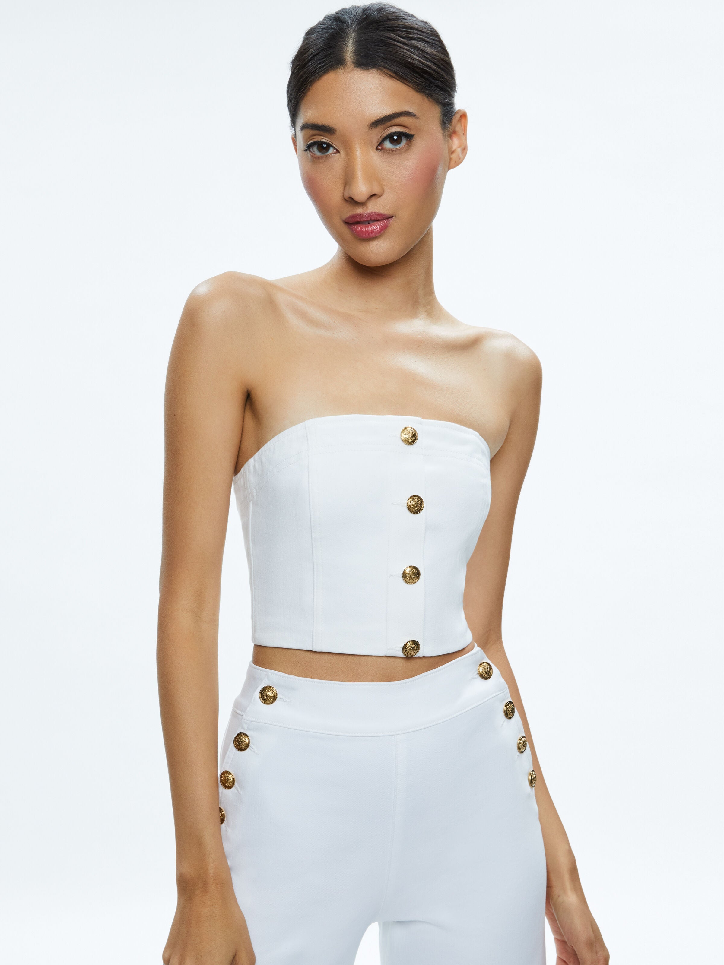 MEL DENIM BUTTON UP BUSTIER-OFF WHITE-ALICE + OLIVIA