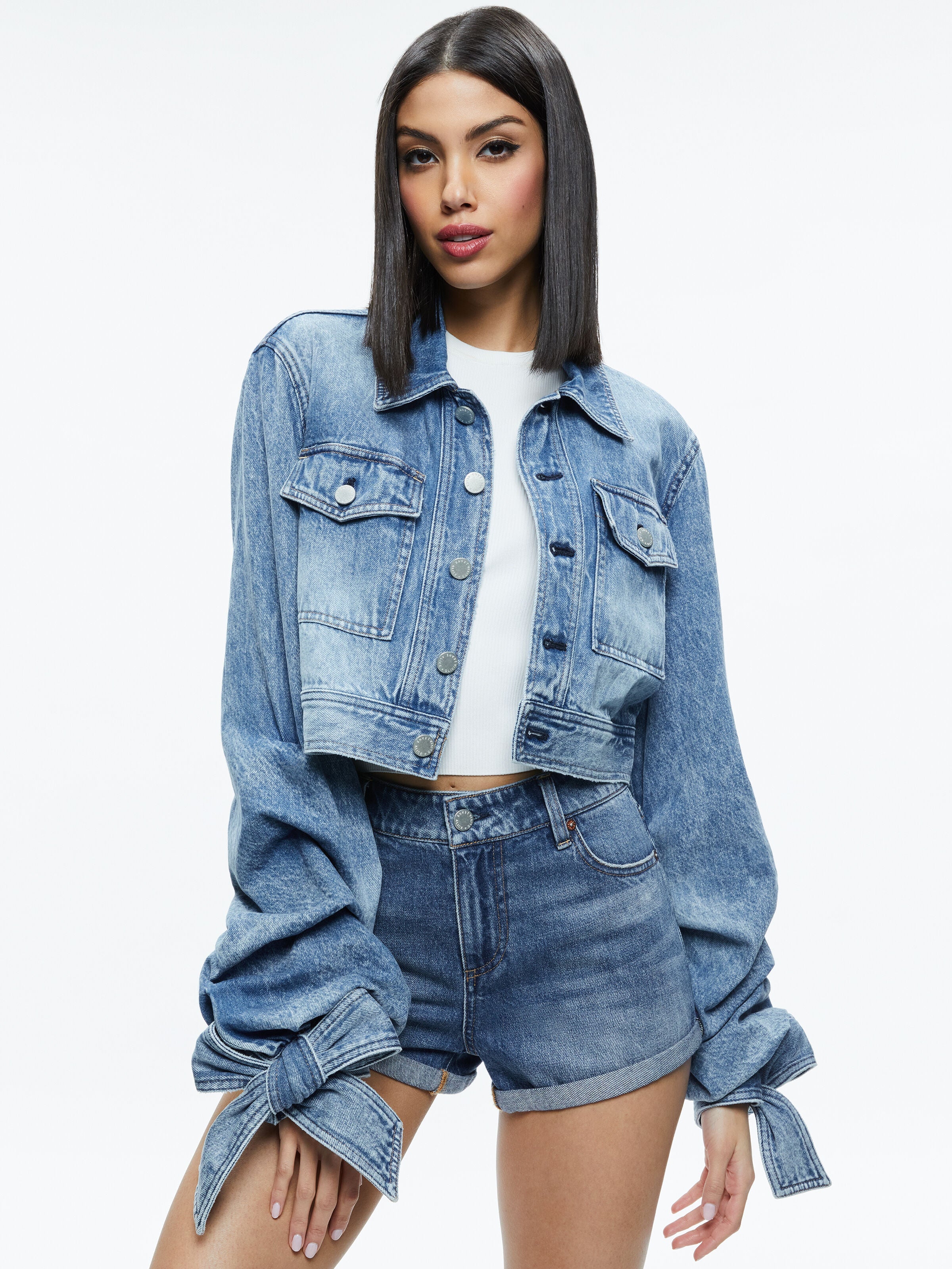 TIFF DENIM JACKET WITH BOW SLEEVE-ALICE + OLIVIA
