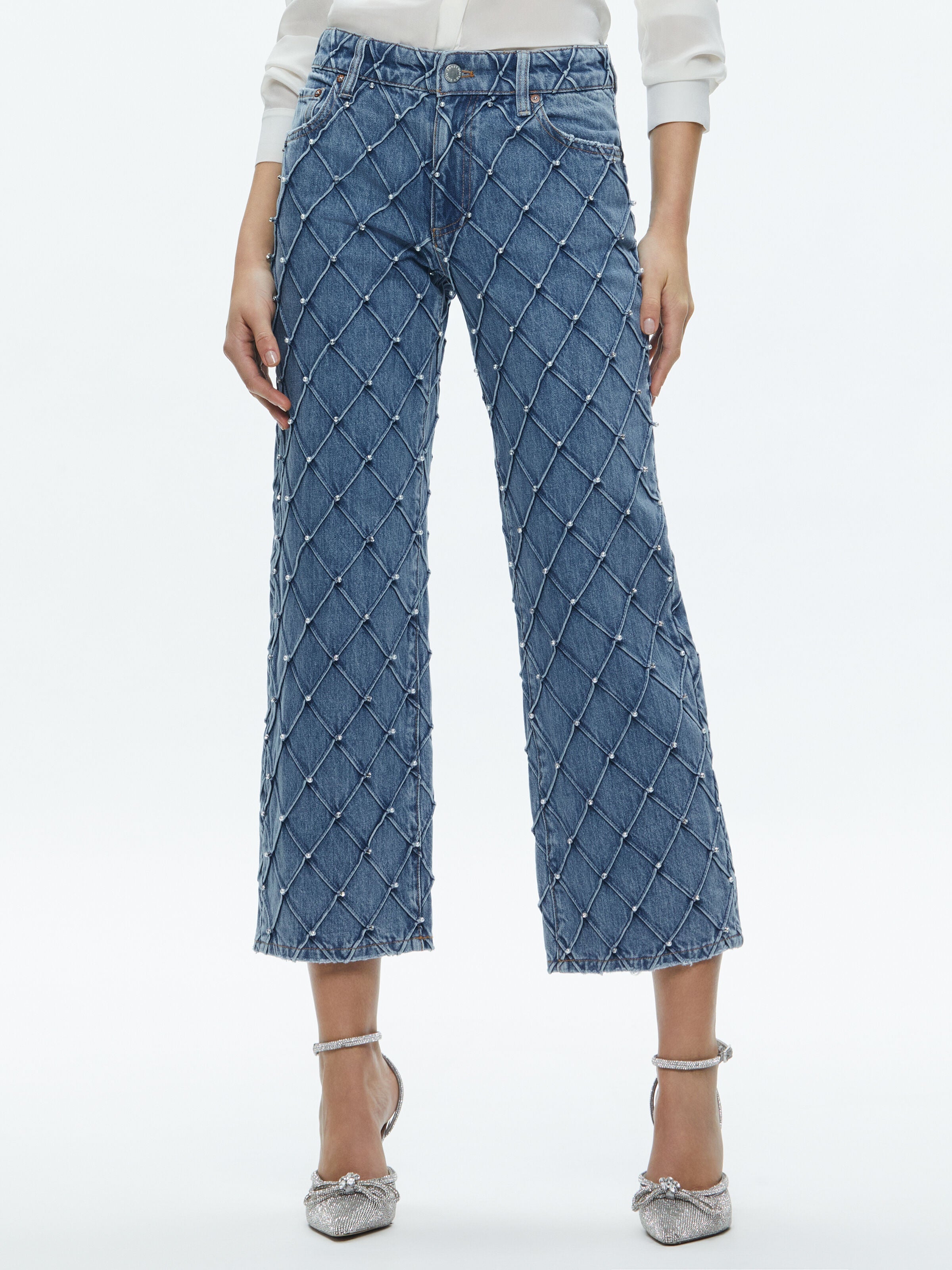 WEEZY QUILTED EMBELLISHED CROPPED MID RISE JEAN-ALICE + OLIVIA