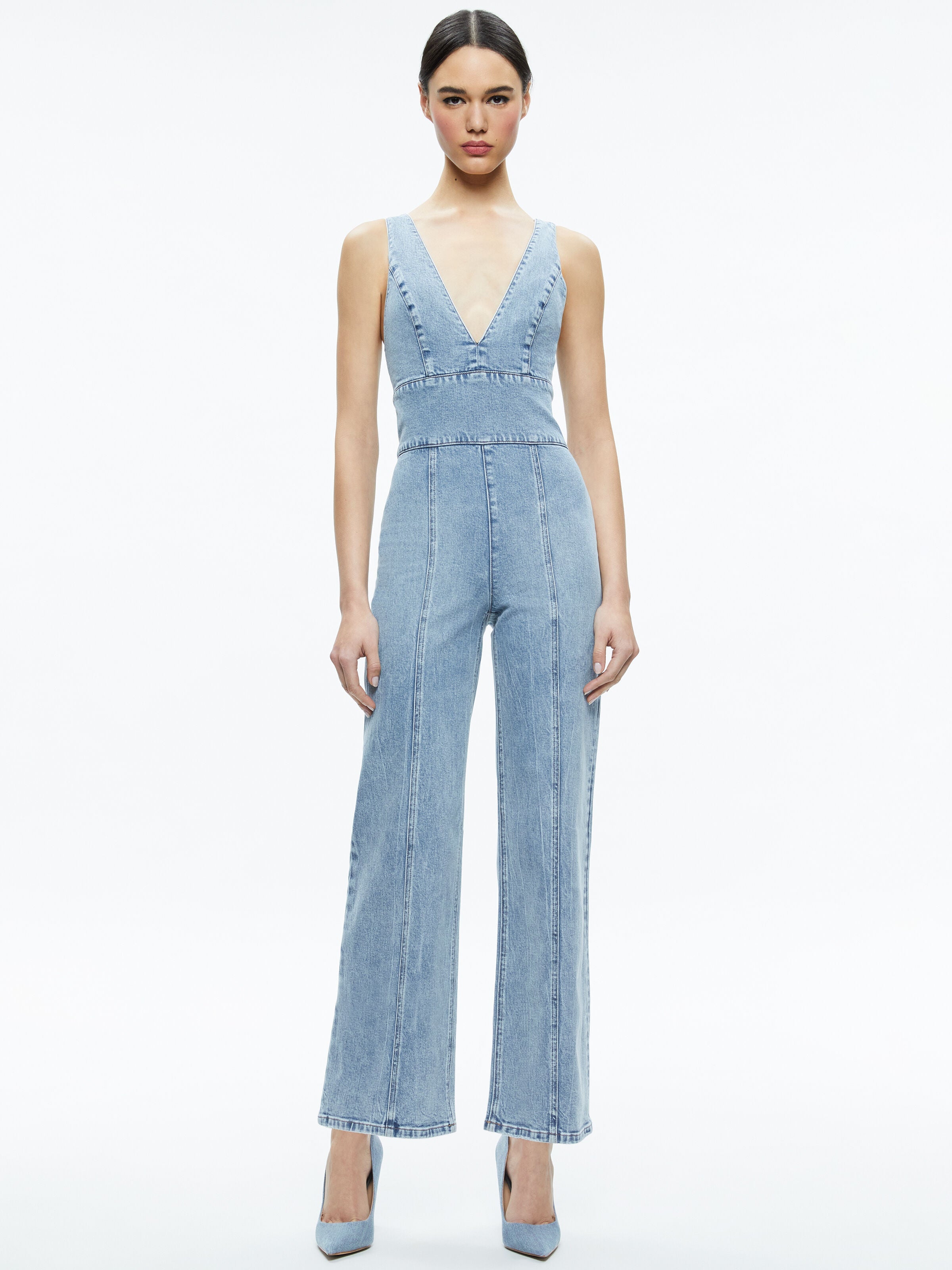 SANDRA DEEP V NECK JUMPSUIT-SULLIVAN VINTAGE BLUE-ALICE + OLIVIA