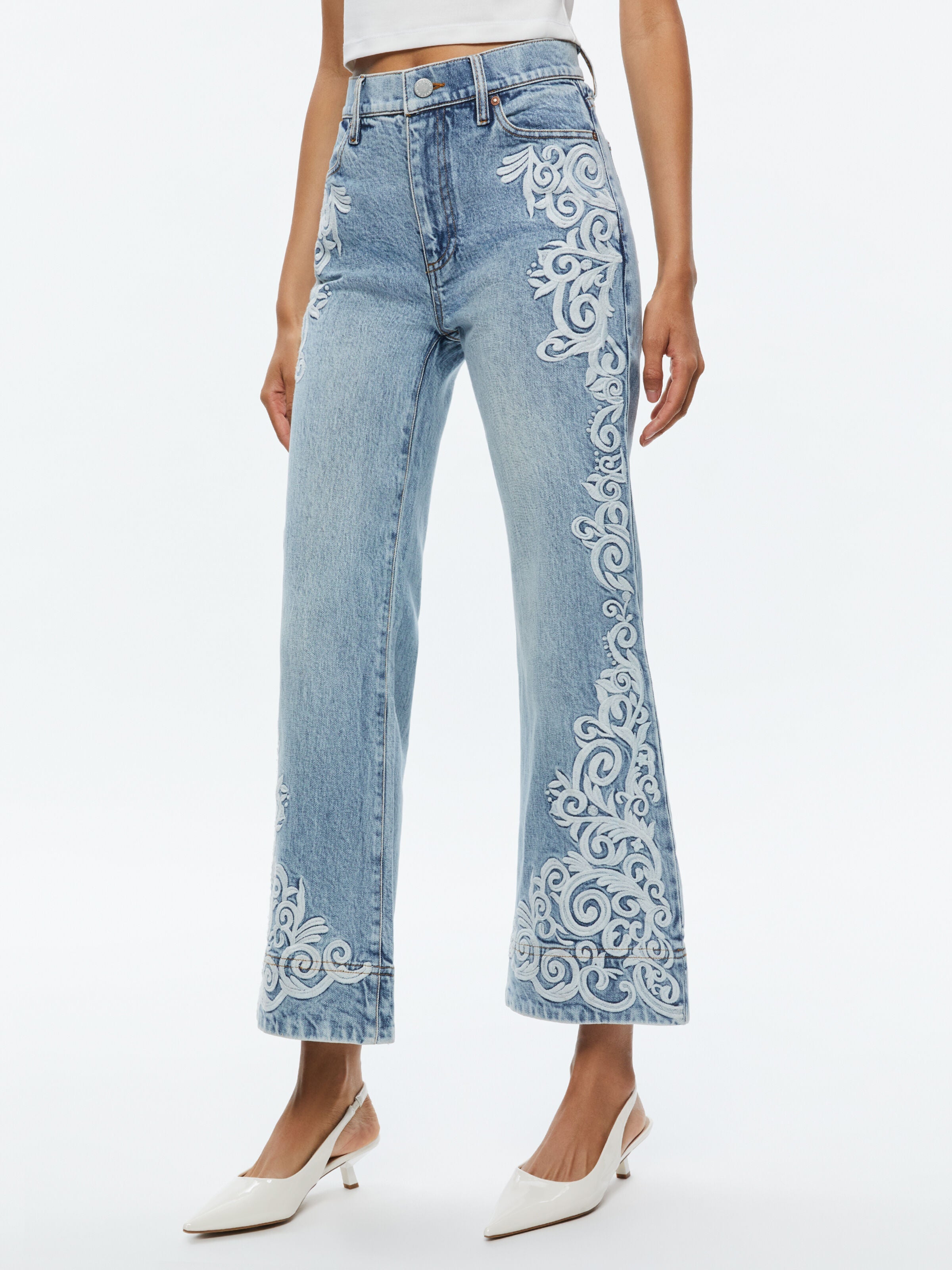 BEAUTIFUL EMBROIDERED CROPPED BELL JEAN-ROCKSTAR BLUE-ALICE + OLIVIA