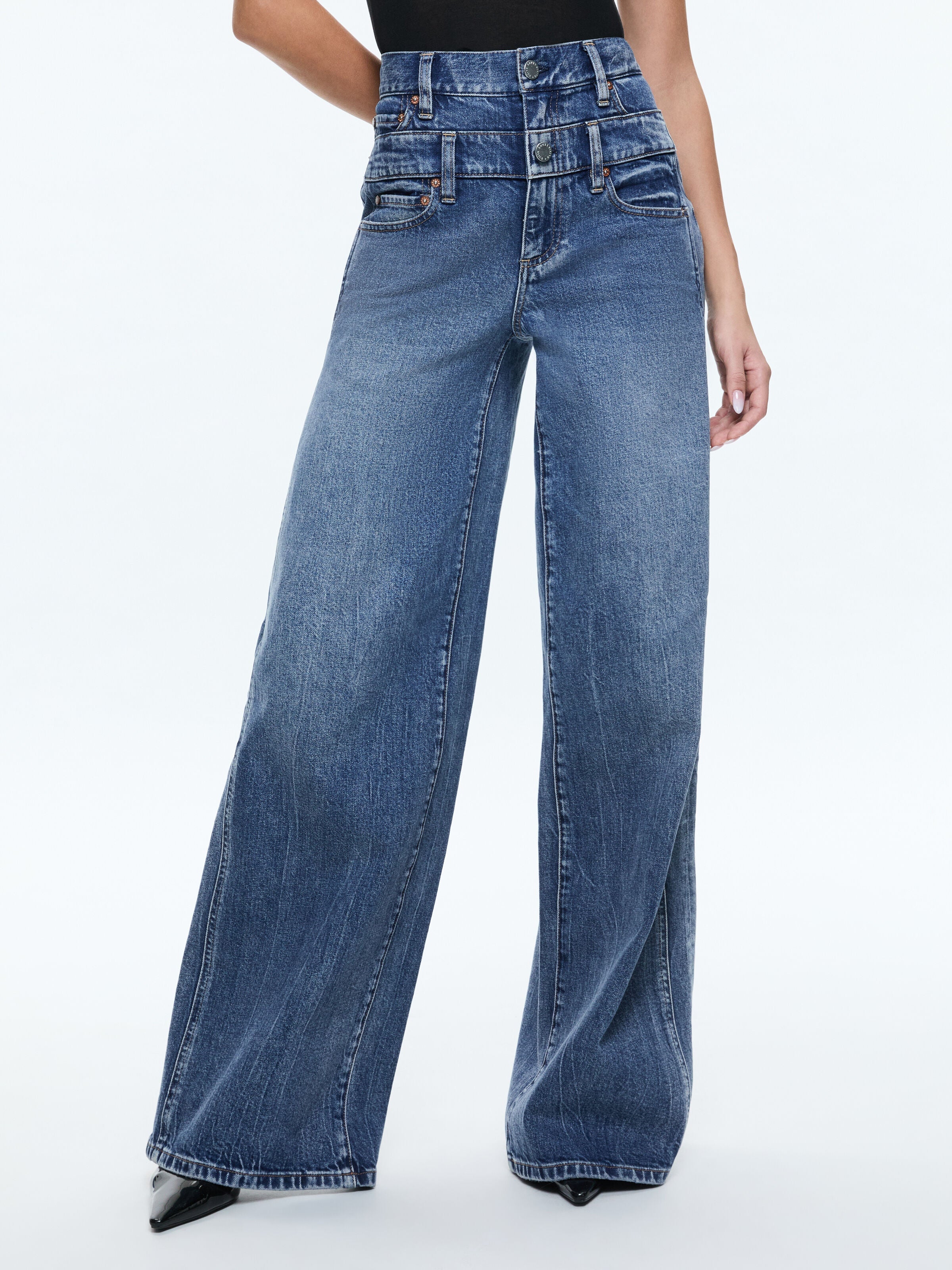 COOL DOUBLE WAISTBAND JEAN-BROOKLYN BLUE-ALICE + OLIVIA