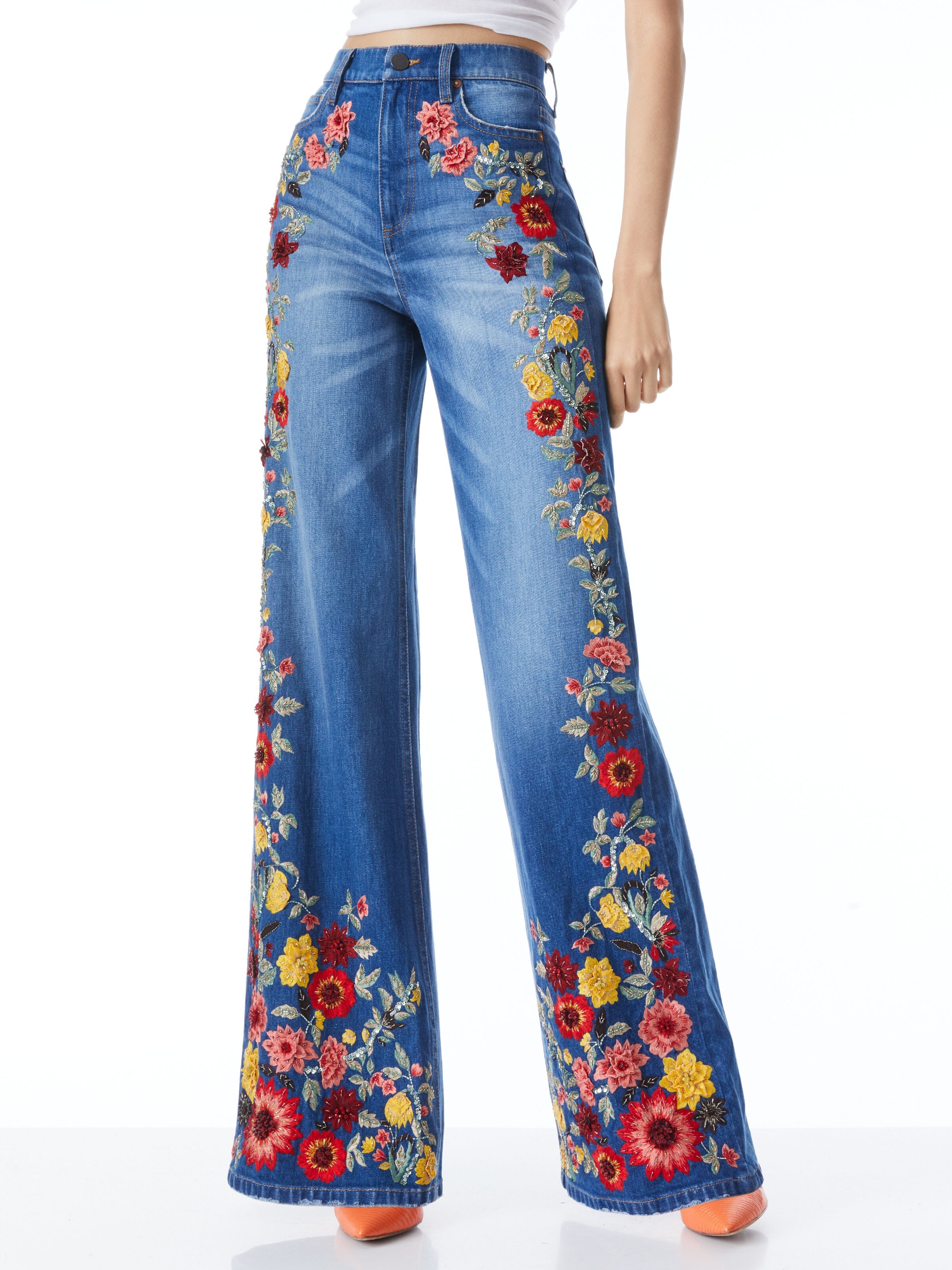 GORGEOUS EMBROIDERED WIDE LEG JEANS-ALICE + OLIVIA