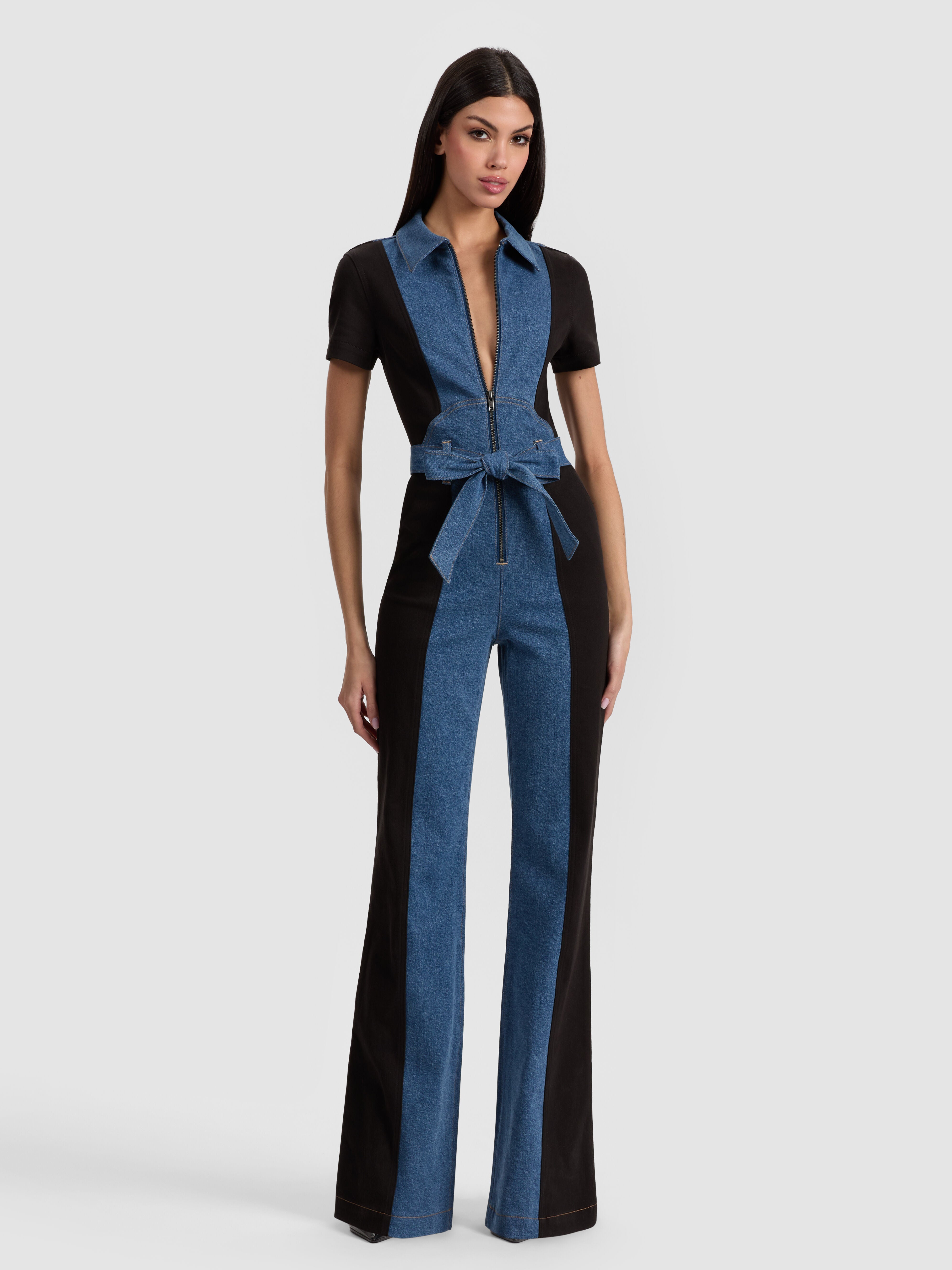 GORGEOUS DENIM JUMPSUIT-BLACK/LIANA BLUE-ALICE + OLIVIA