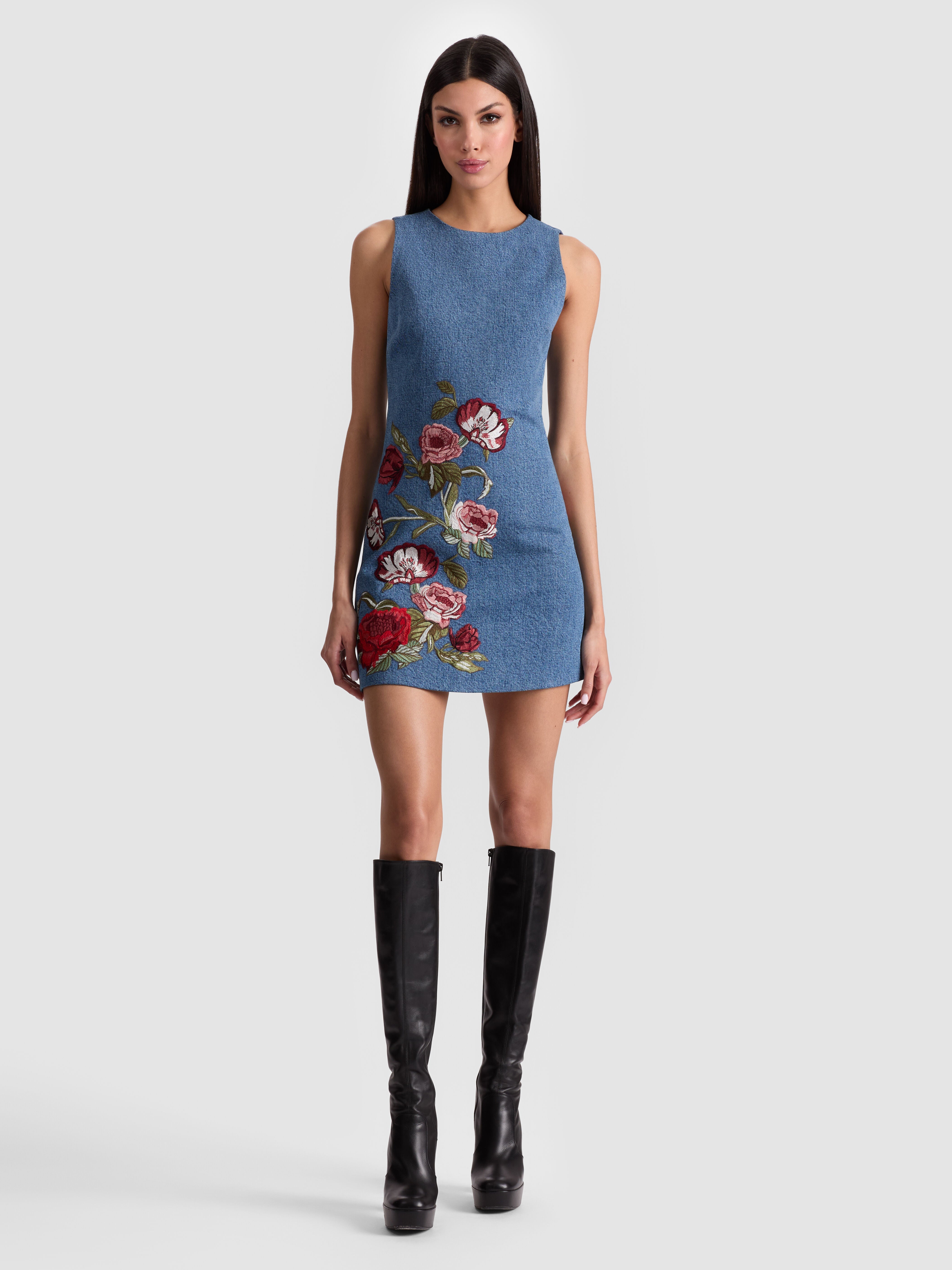 CADE EMBROIDERED DENIM MINI DRESS-ALICE + OLIVIA