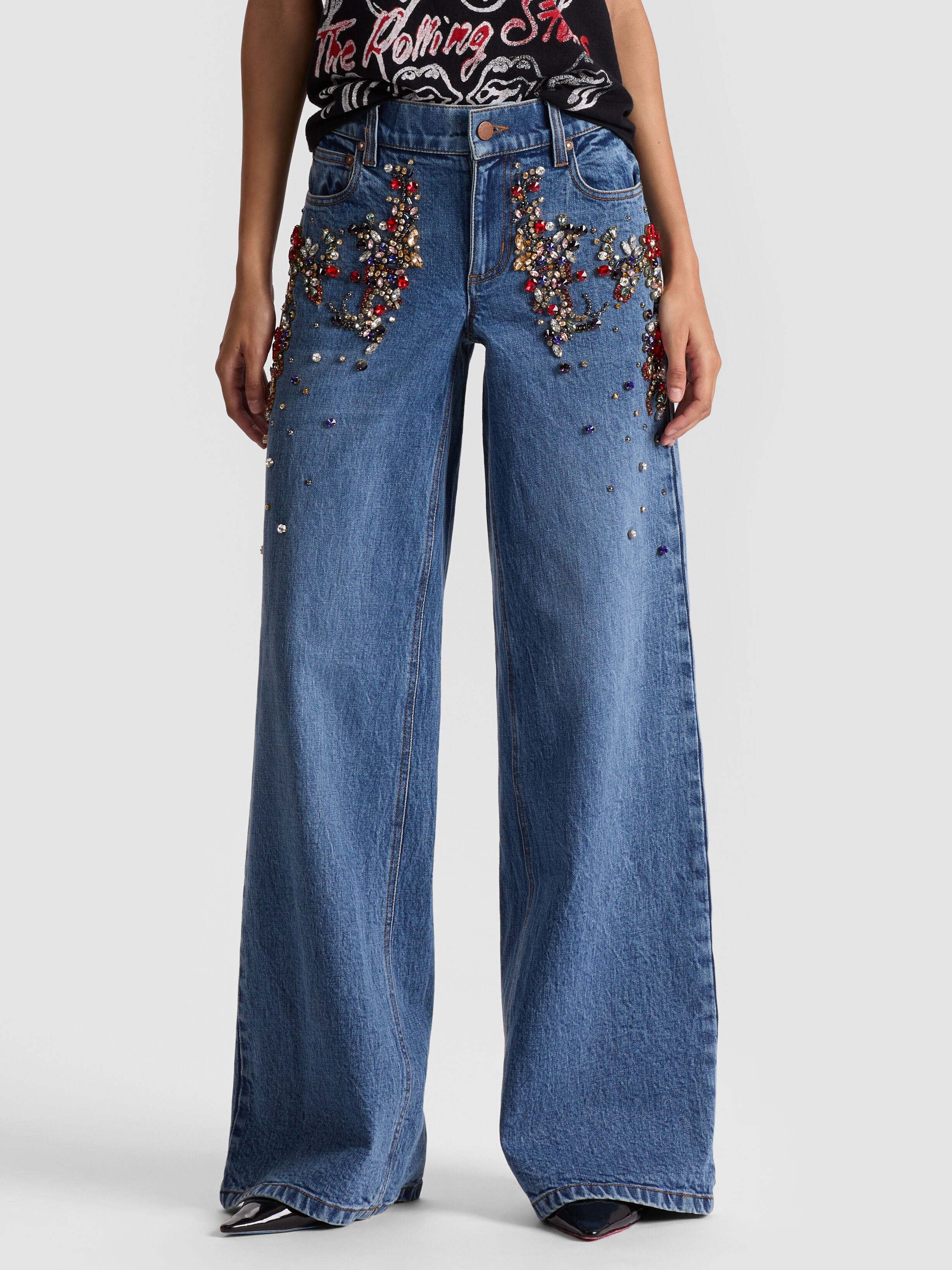 AMAZING CRYSTAL FRINGE HEM JEAN-ROCKSTAR BLUE-ALICE + OLIVIA