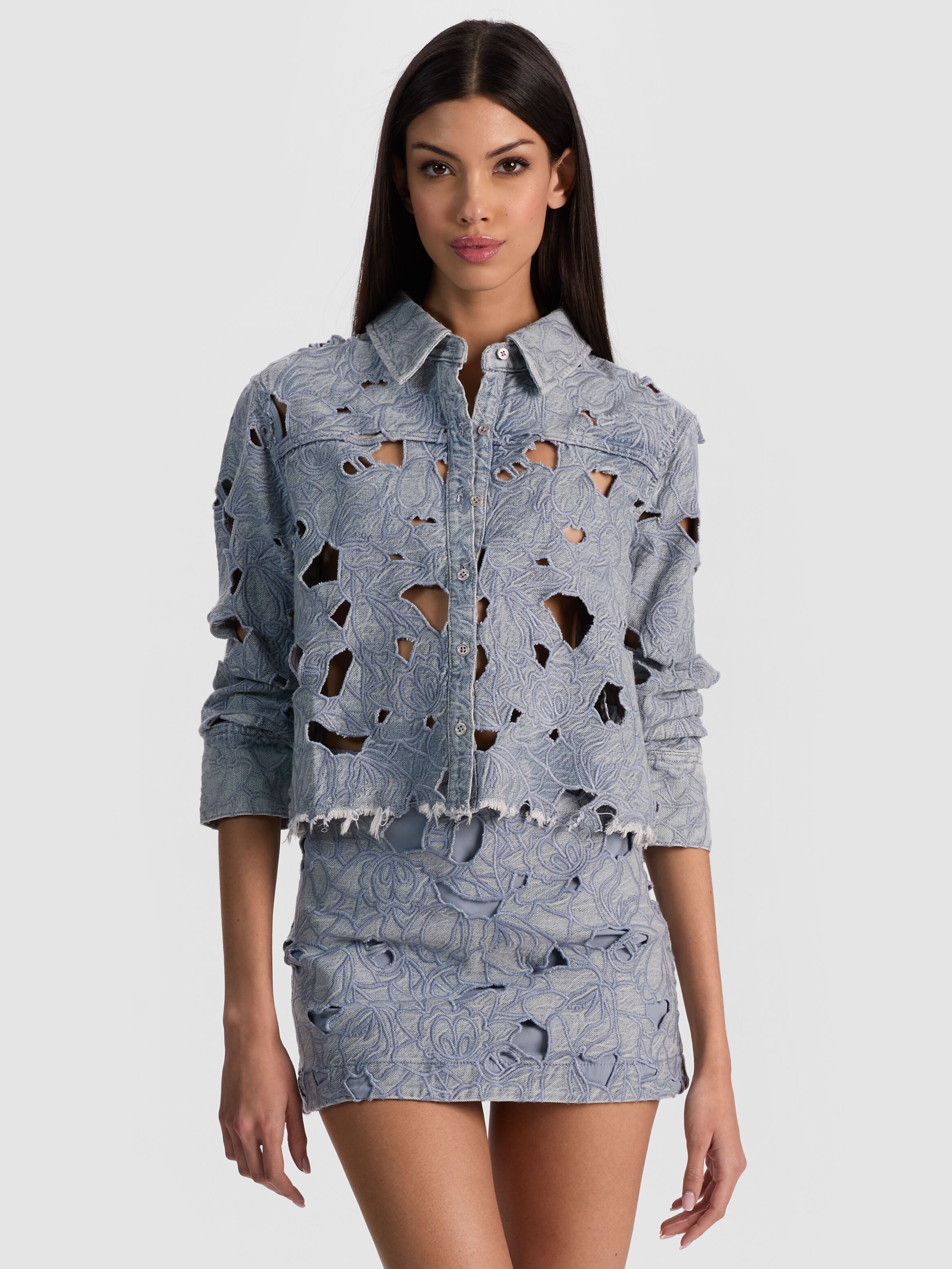 FINELY LASER-CUT DENIM SHIRT-ROCKSTAR BLUE-ALICE + OLIVIA