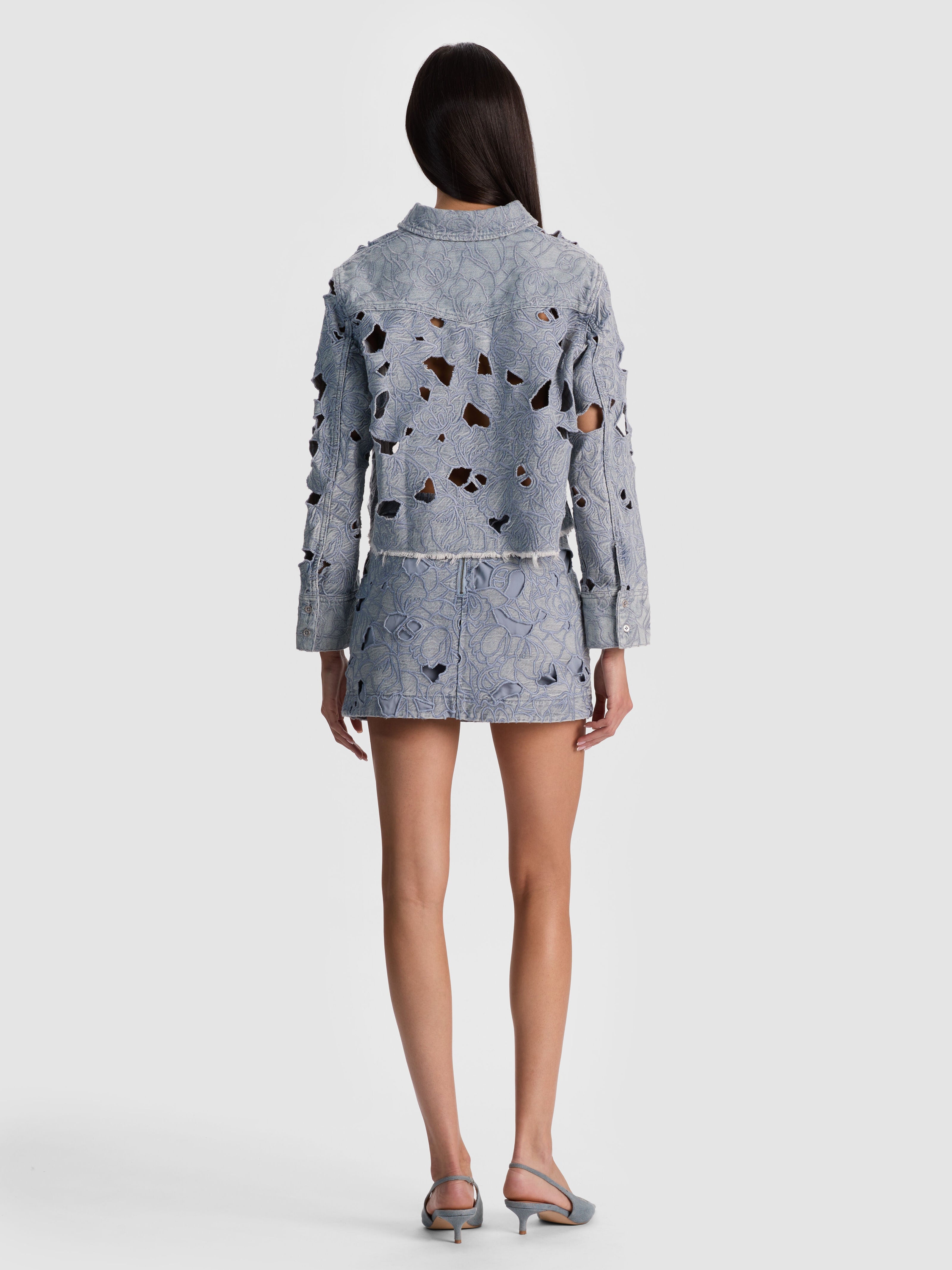 FINELY LASER-CUT DENIM SHIRT-ALICE + OLIVIA