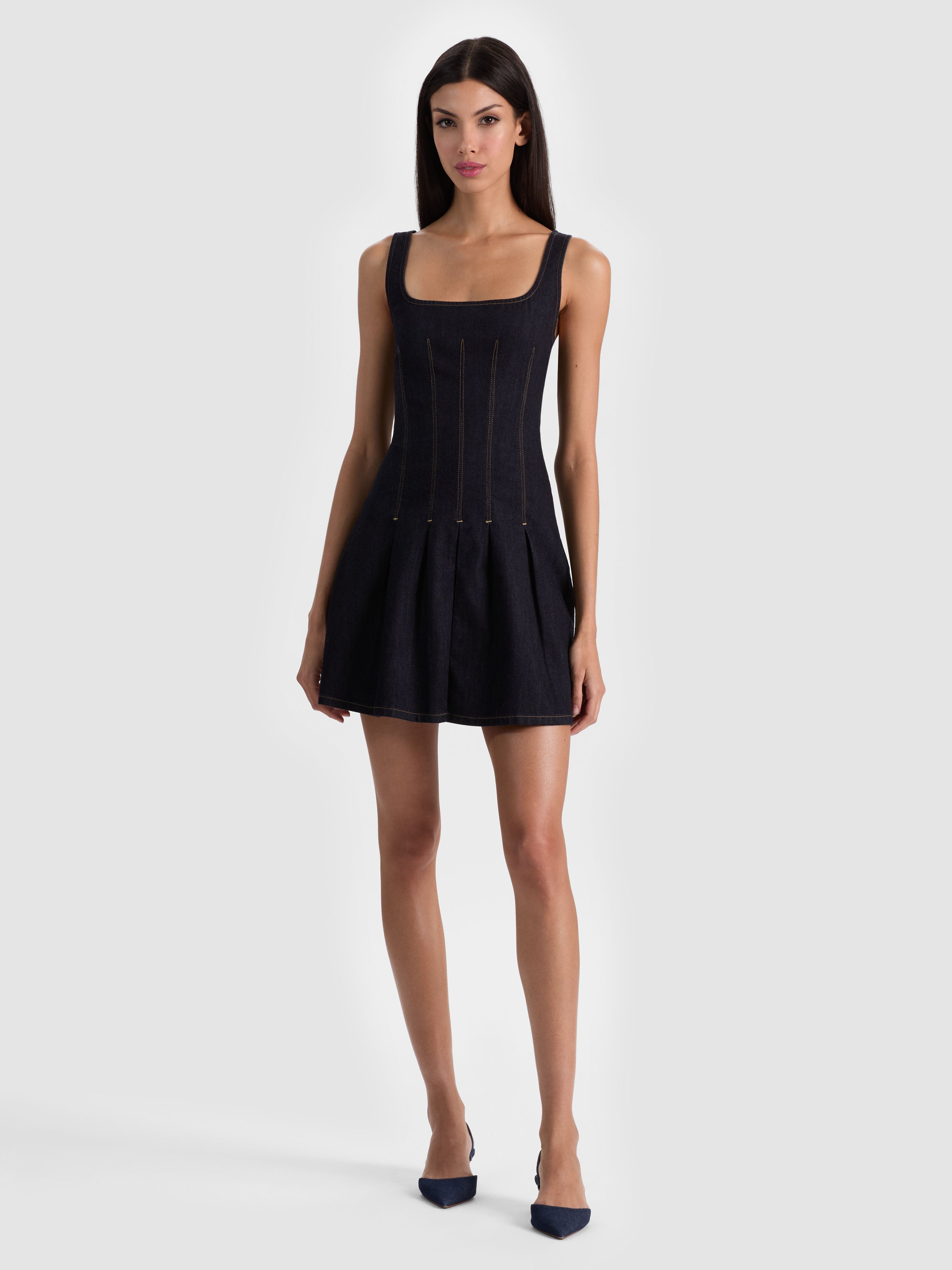 HOLLIS DENIM MINI DRESS-DARK RINSE-ALICE + OLIVIA