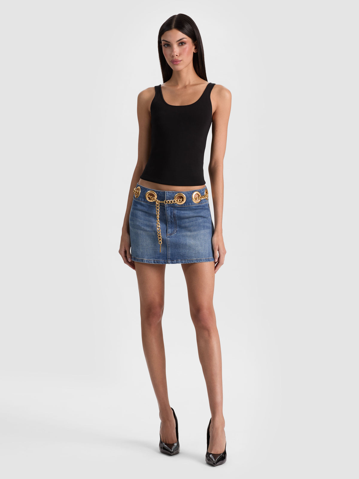 MORGANA CHAIN BELT DENIM MINI SKIRT - BROOKLYN BLUE