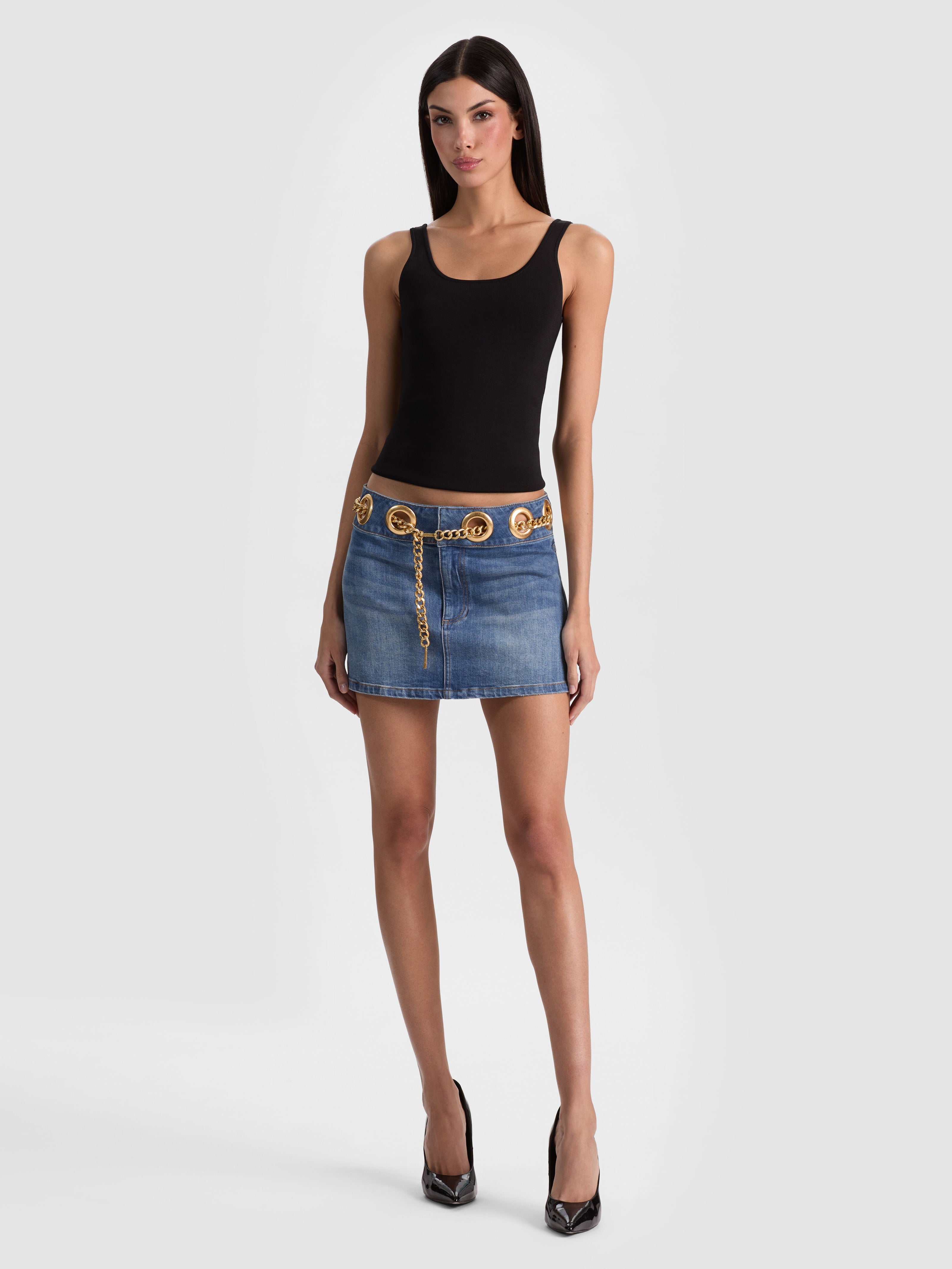 MORGANA CHAIN BELT DENIM MINI SKIRT-ALICE + OLIVIA