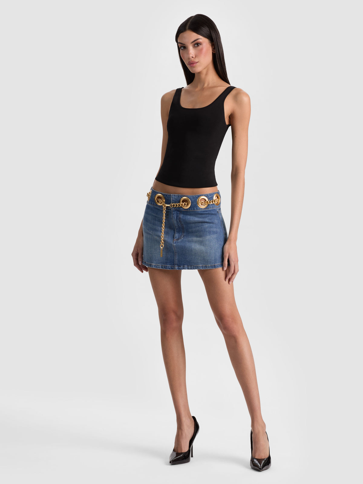 MORGANA CHAIN BELT DENIM MINI SKIRT-ALICE + OLIVIA