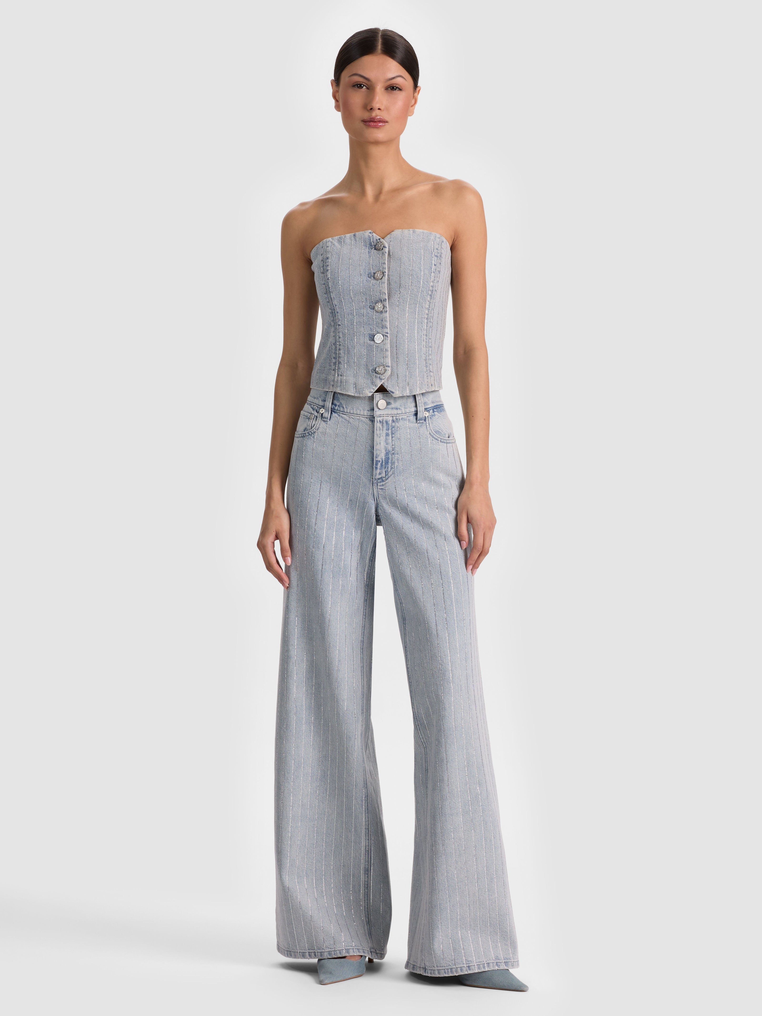 KELCEY STRAPLESS EMBELLISHED DENIM VEST-ALICE + OLIVIA