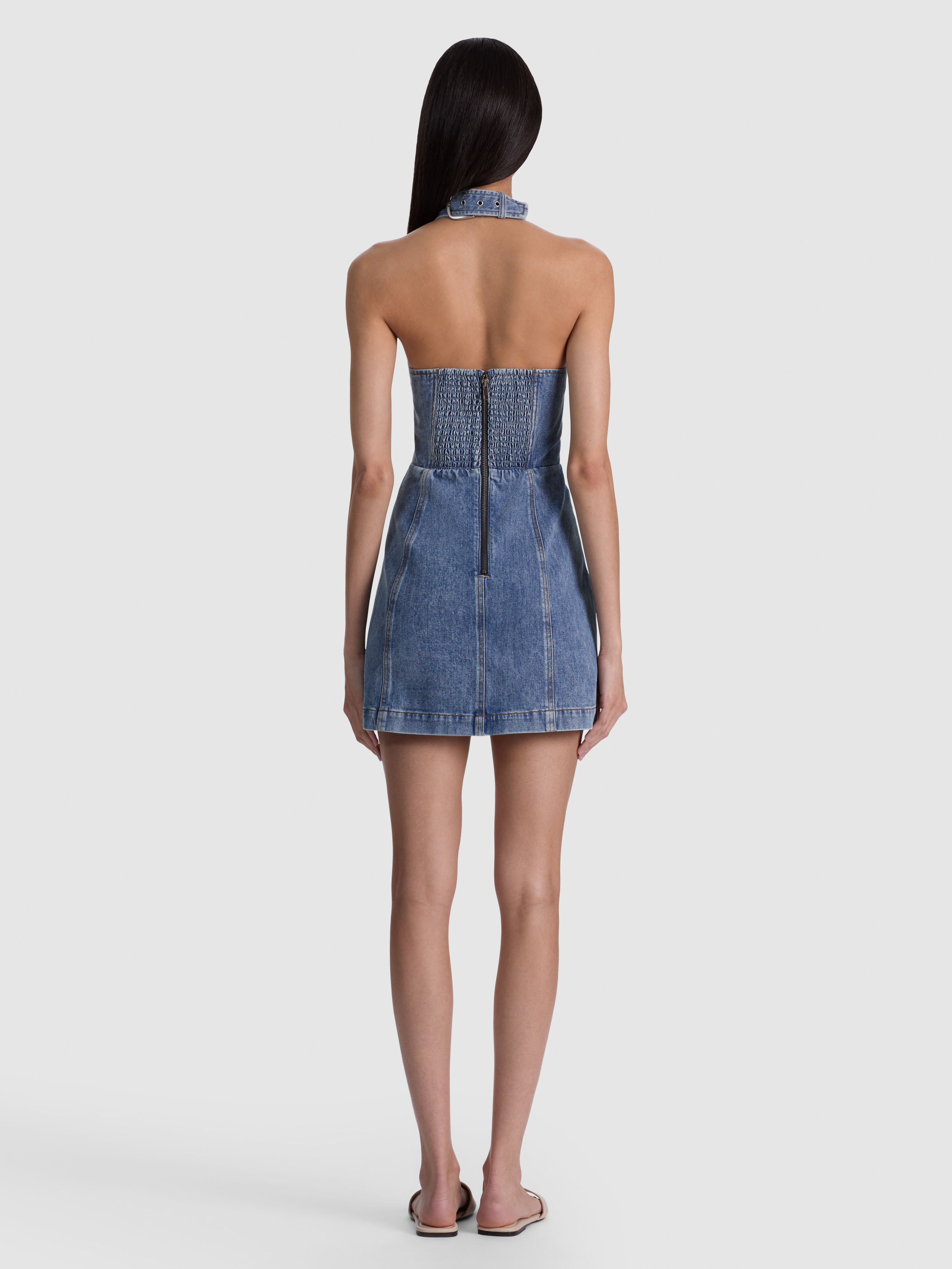 SOLANA BUCKLE DENIM HALTER MINI DRESS-ALICE + OLIVIA