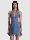 SOLANA BUCKLE DENIM HALTER MINI DRESS-ALICE + OLIVIA