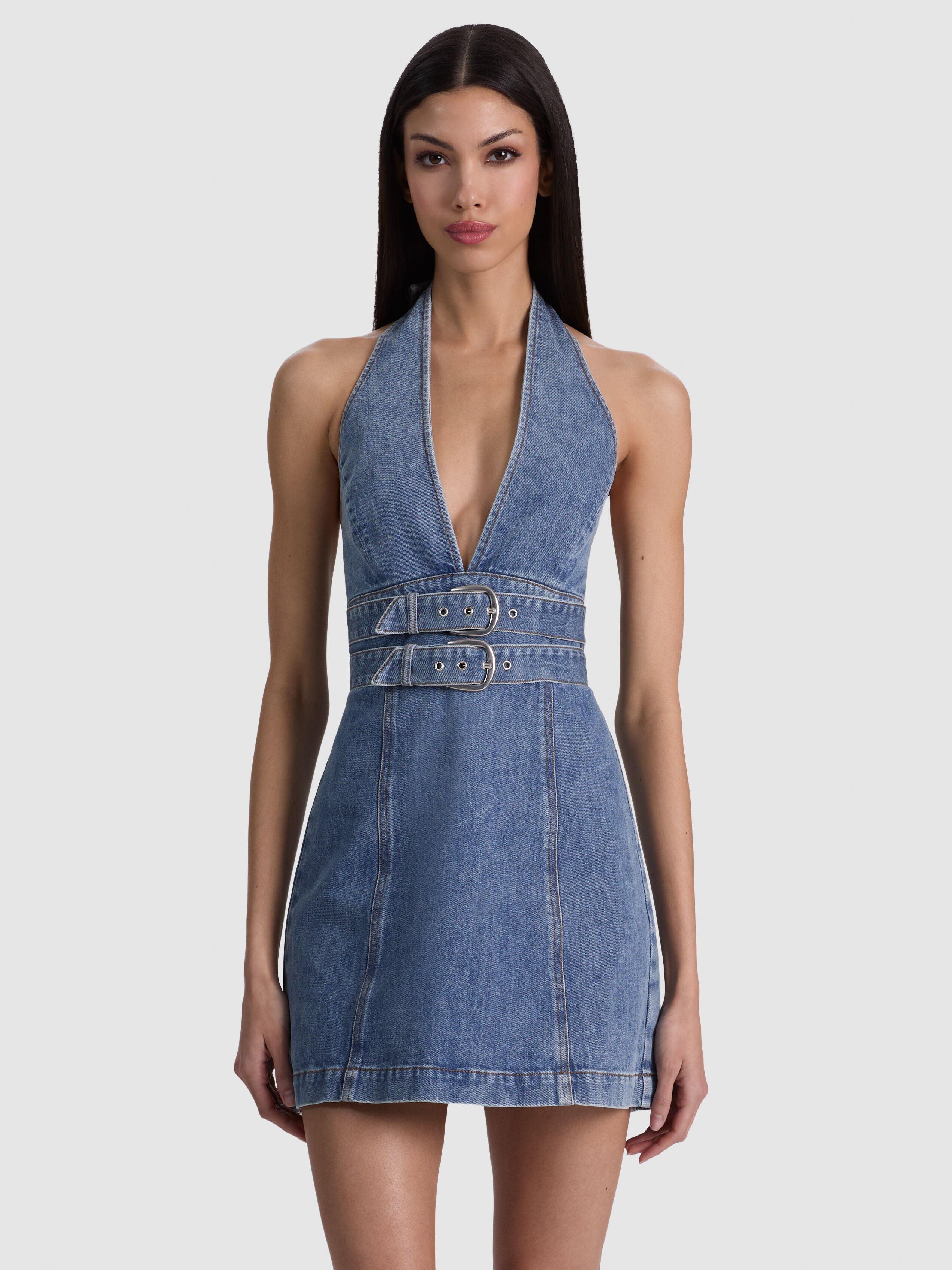 SOLANA BUCKLE DENIM HALTER MINI DRESS-ALICE + OLIVIA
