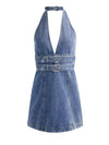 SOLANA BUCKLE DENIM HALTER MINI DRESS-ALICE + OLIVIA