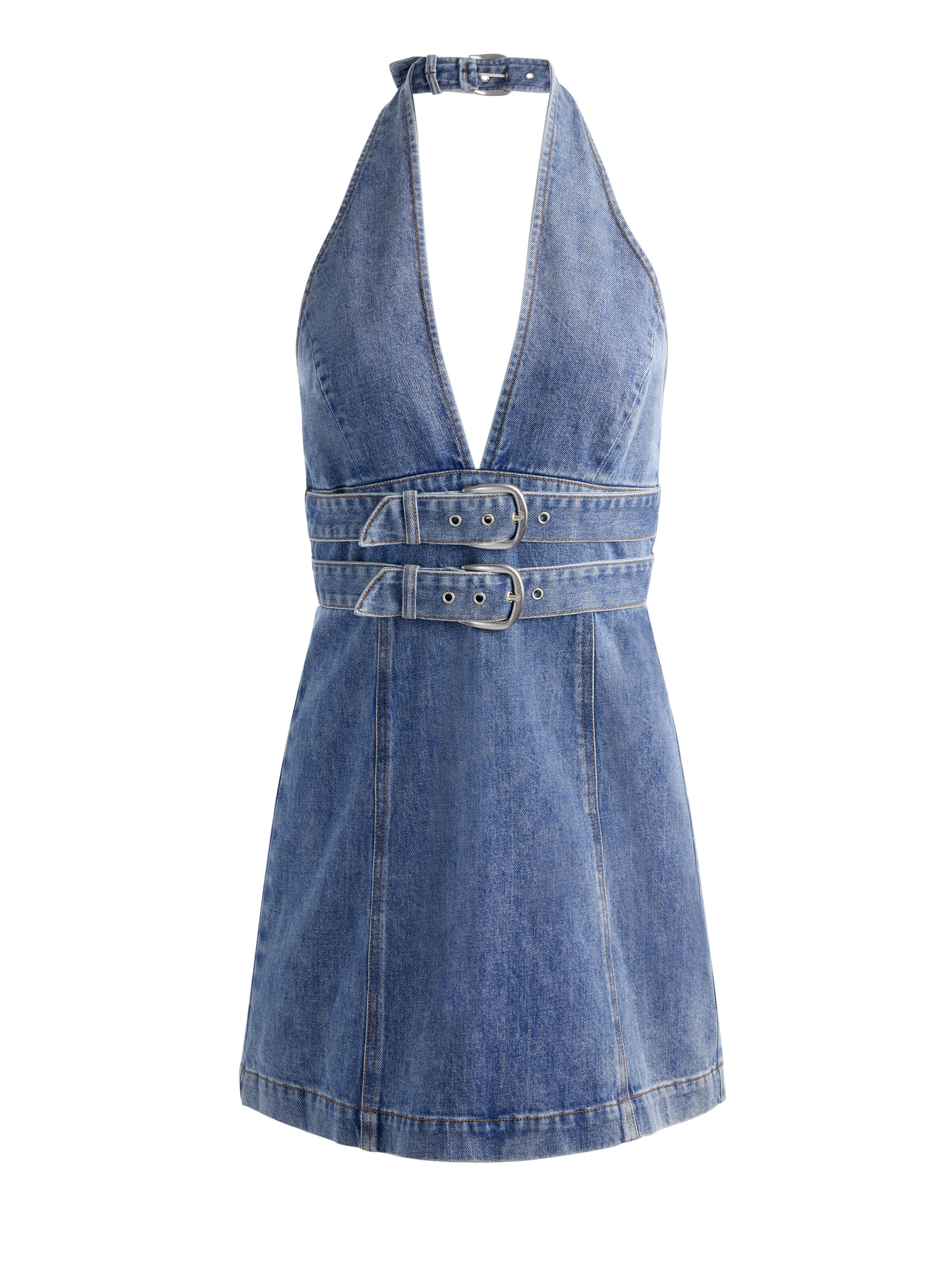 SOLANA BUCKLE DENIM HALTER MINI DRESS-ALICE + OLIVIA