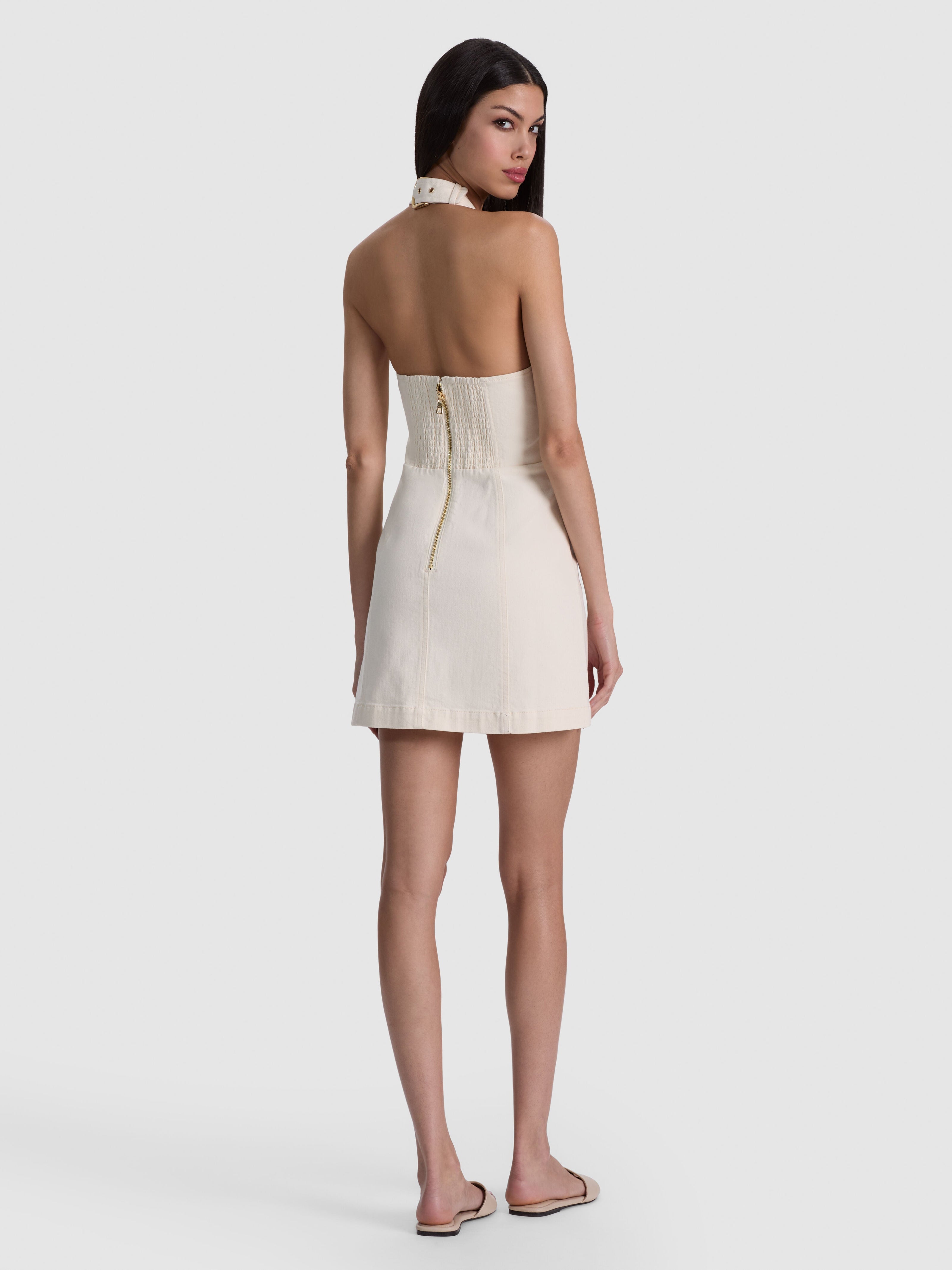 SOLANA BUCKLE DENIM HALTER MINI DRESS-ALICE + OLIVIA