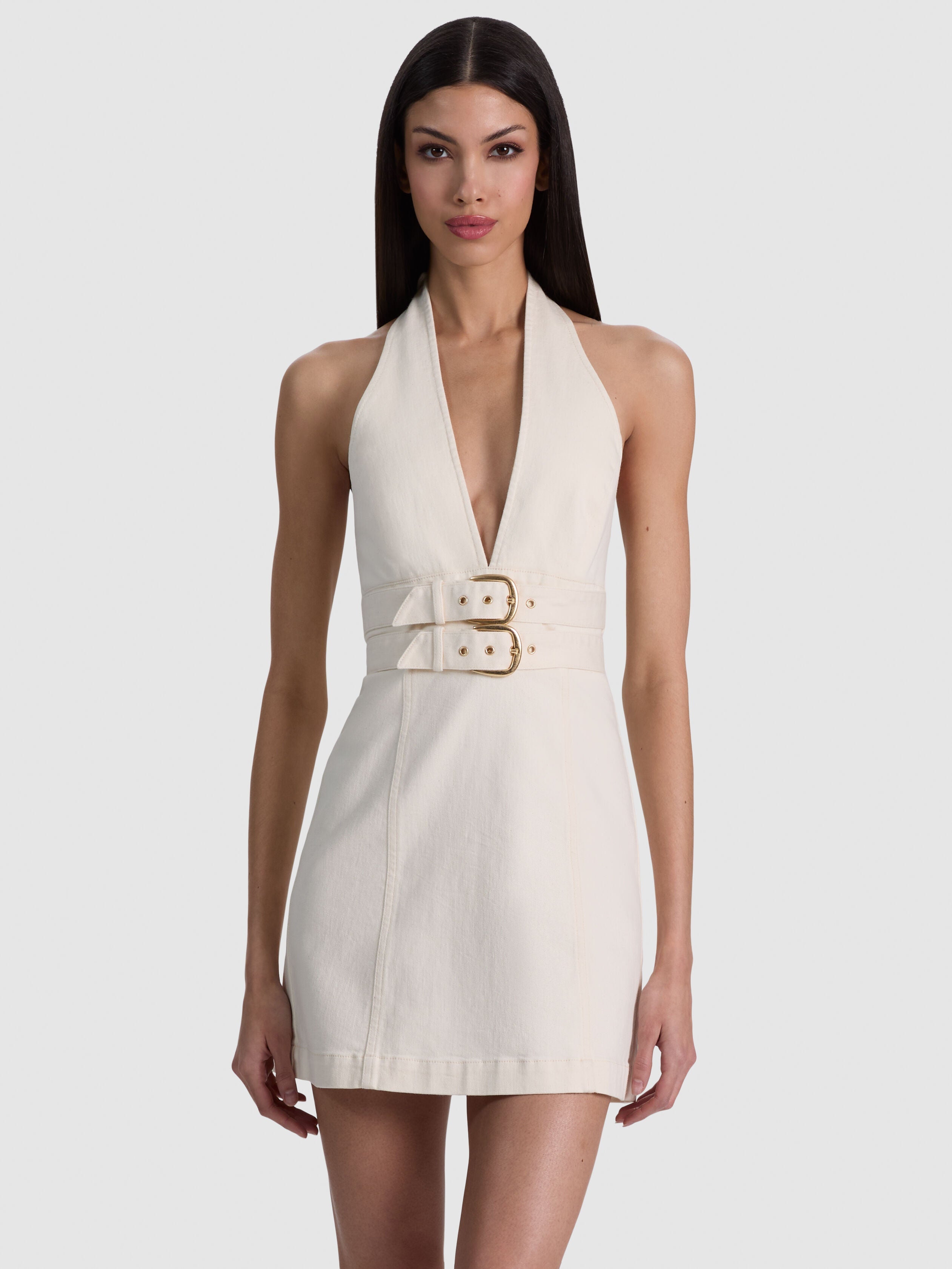 SOLANA BUCKLE DENIM HALTER MINI DRESS-ALICE + OLIVIA