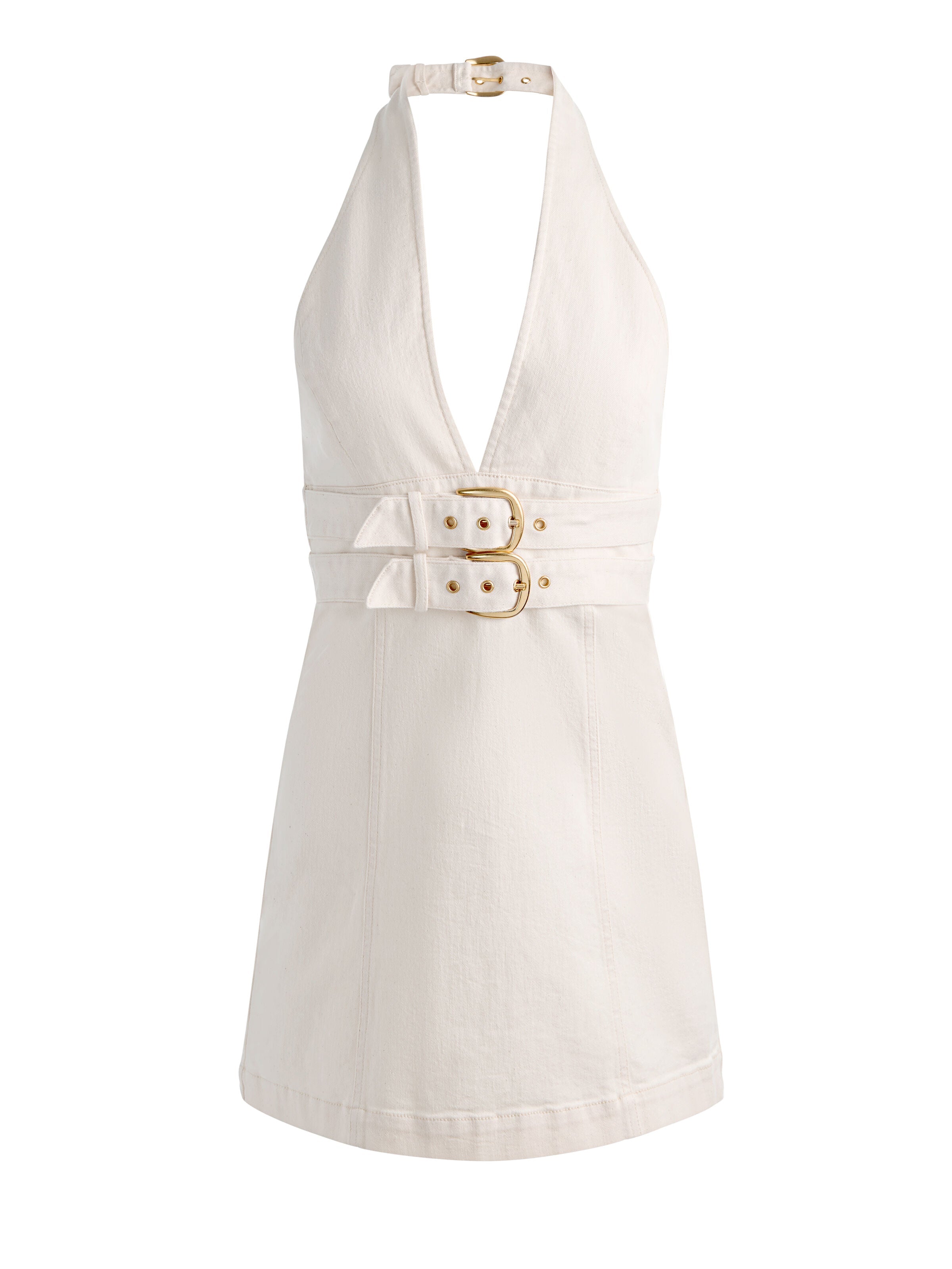 SOLANA BUCKLE DENIM HALTER MINI DRESS-ALICE + OLIVIA
