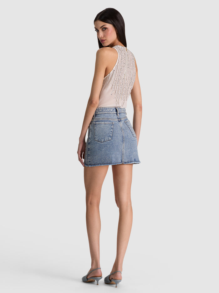 KIERA LR EMBELL DENIM ALINE MINI SKIRT-ALICE + OLIVIA