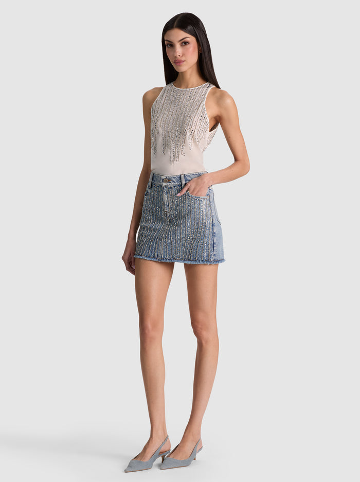 KIERA LR EMBELL DENIM ALINE MINI SKIRT-ALICE + OLIVIA